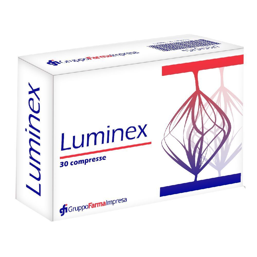 Scatola "Luminex 30 Compresse". Bianca, grafica rossa e blu. Logo "GruppoFarmalmpresa".