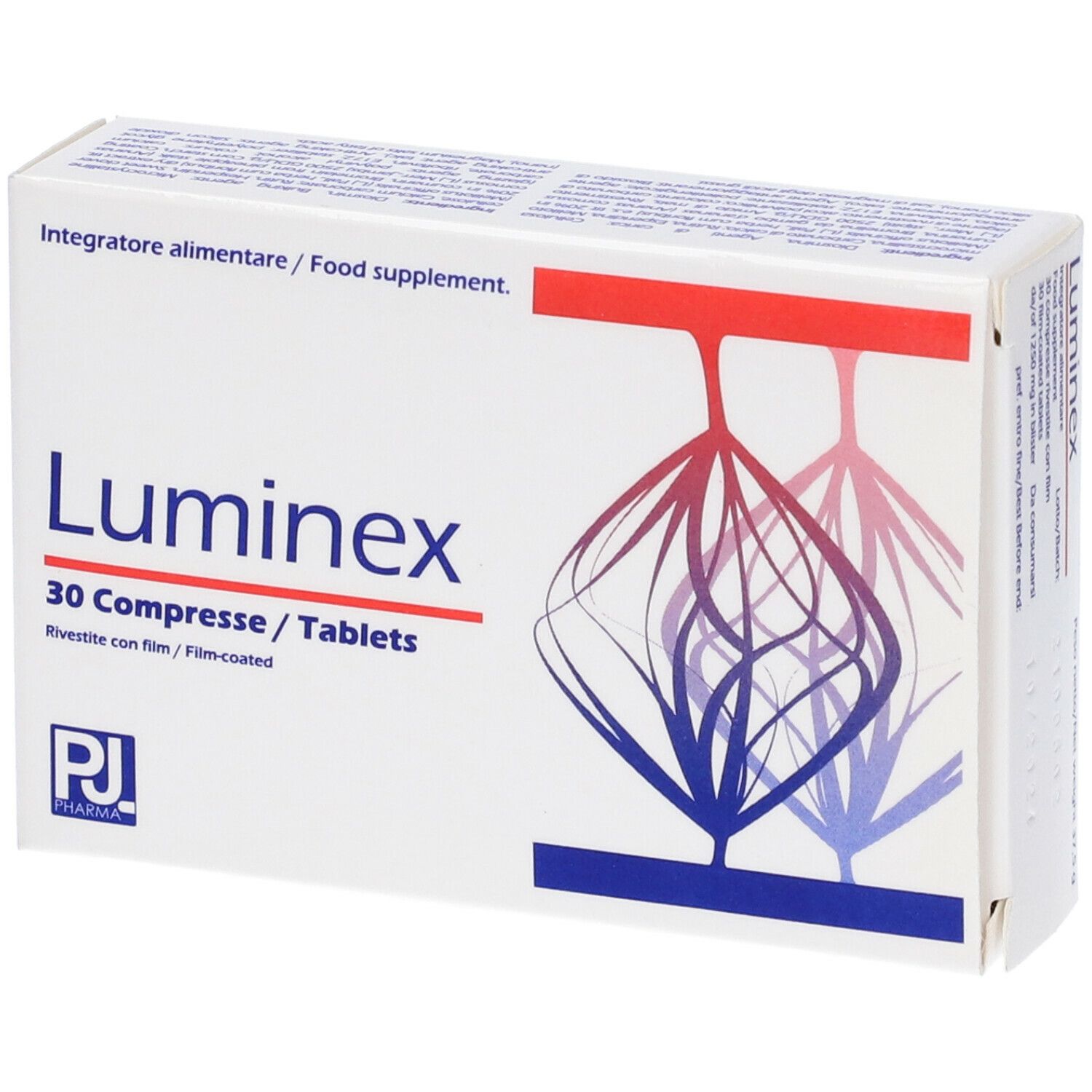 Scatola bianca "Luminex 30 Compresse". Grafica rossa e blu. Testo: "Integratore alimentare / Food supplement".
