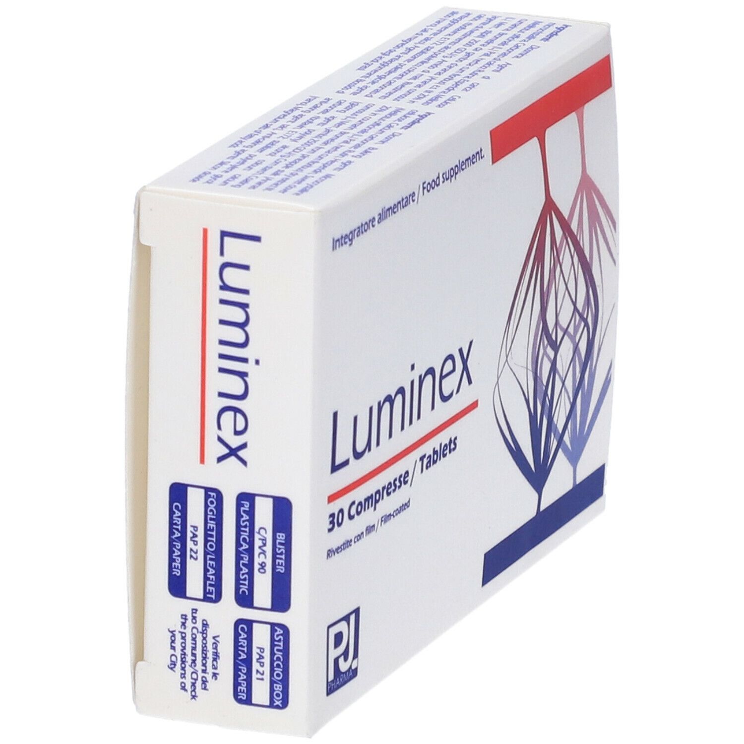 Scatola "Luminex 30 Compresse". Bianca, grafica rossa e blu. Testo: "Integratore alimentare / Food supplement".