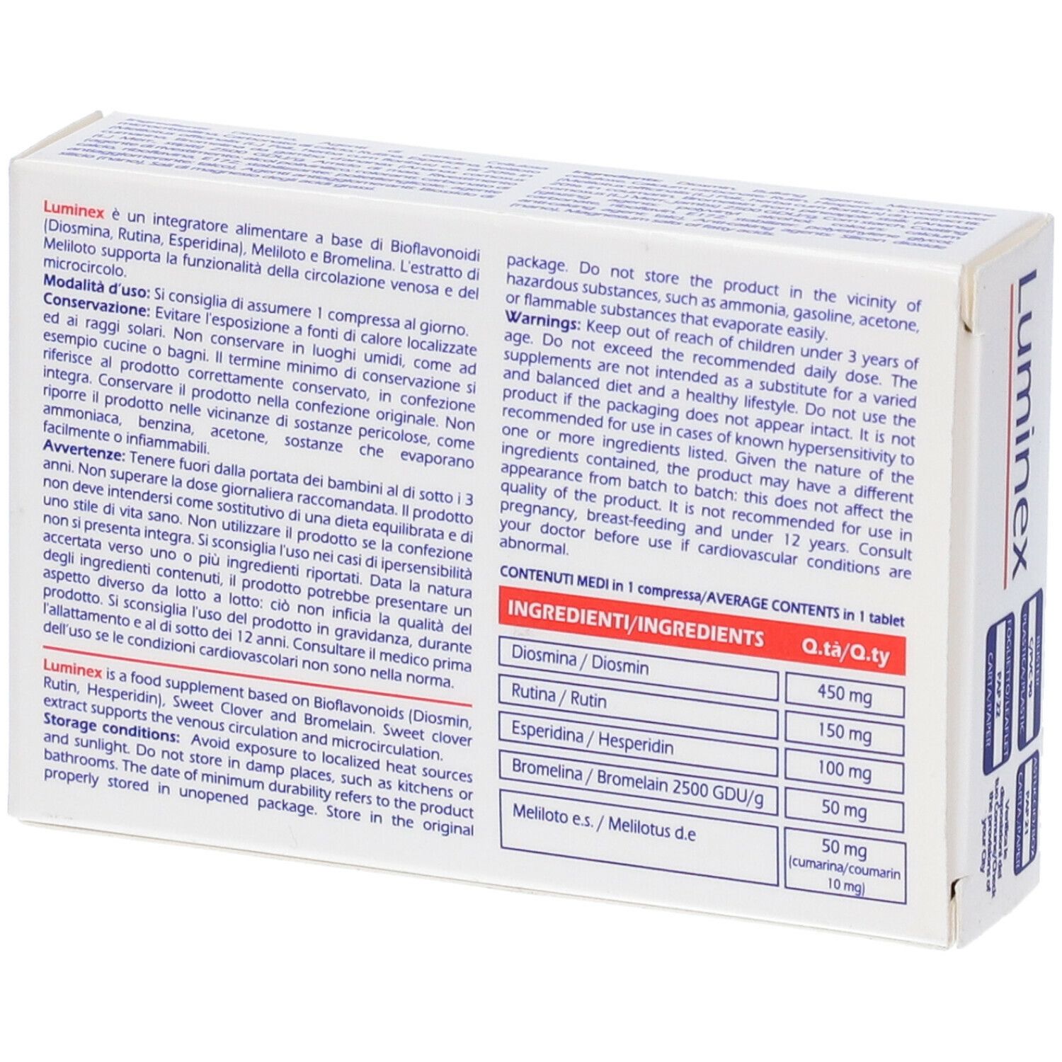 Retro scatola "Luminex 30 Compresse". Testo e ingredienti. Logo "PJ Pharma".