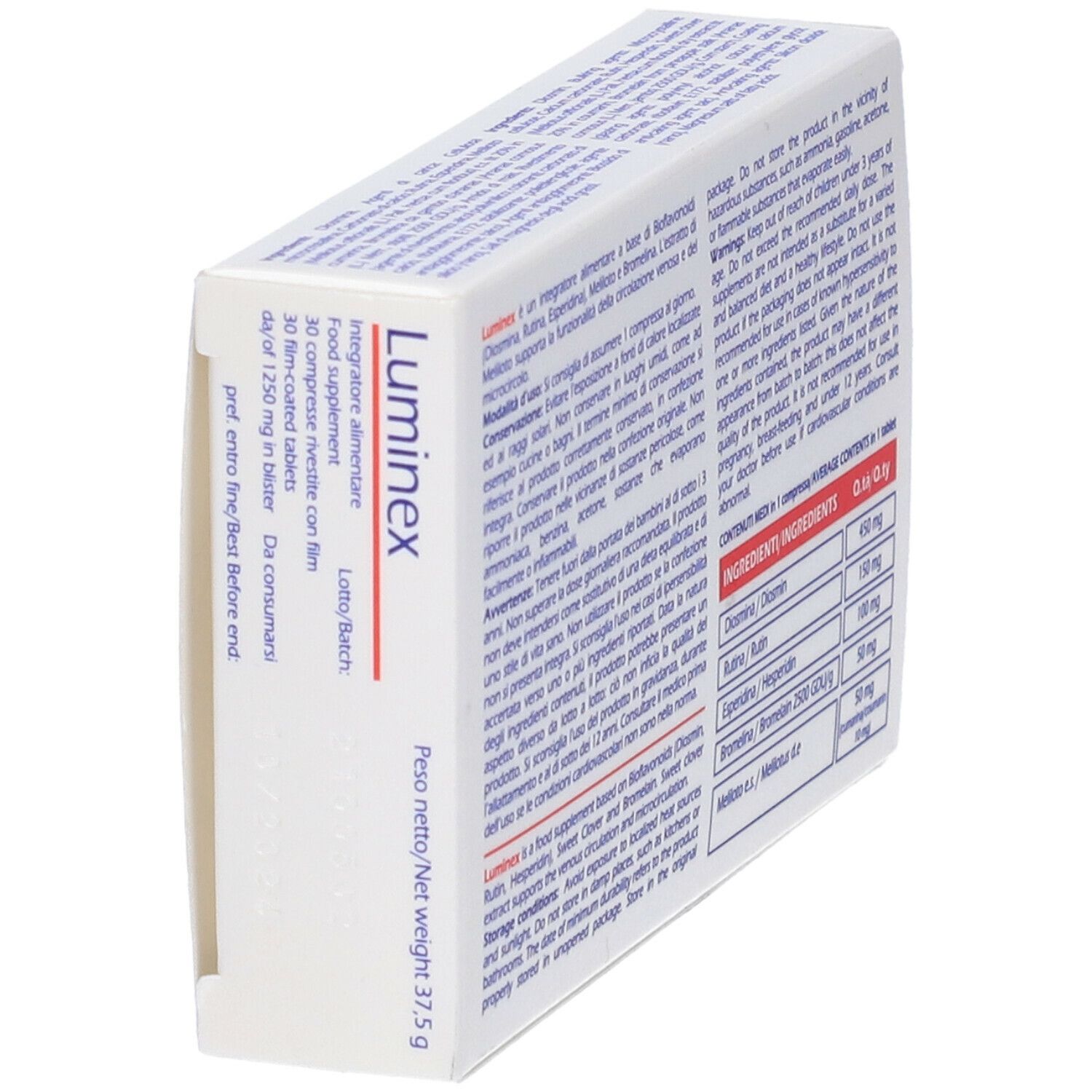 Scatola "Luminex 30 Compresse". Testo e ingredienti. Logo "PJ Pharma". Peso: 37,5 g.