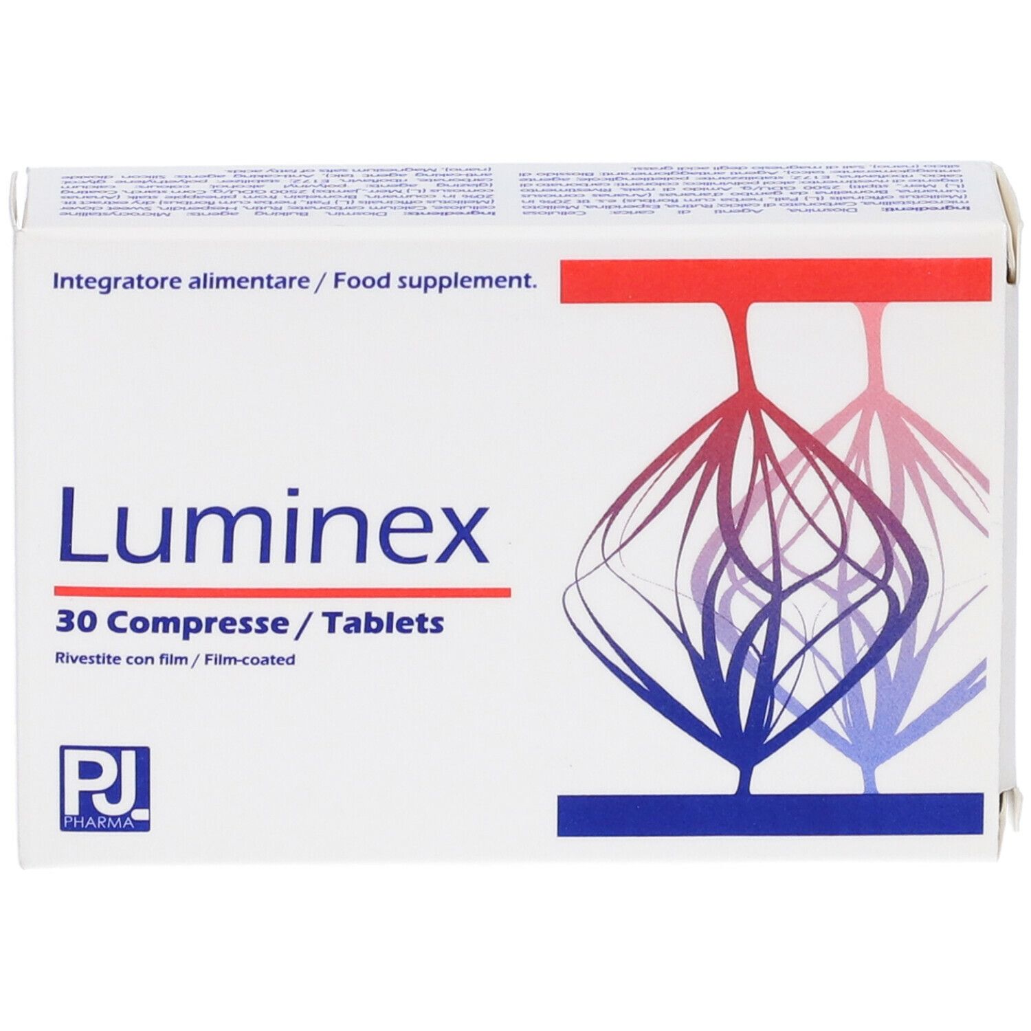 Scatola bianca "Luminex 30 Compresse". Grafica rossa e blu. Testo: "Integratore alimentare / Food supplement".