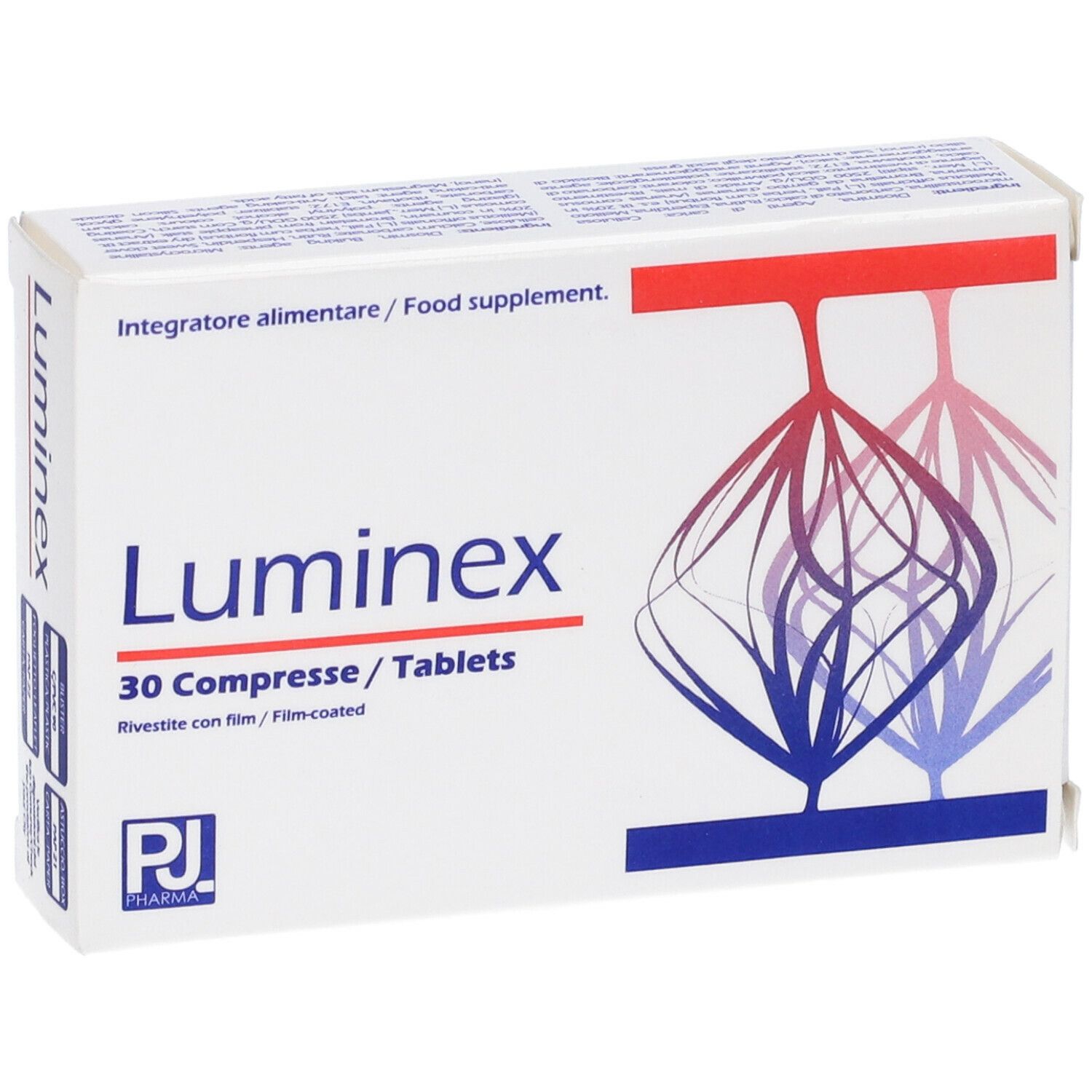 Scatola bianca "Luminex 30 Compresse". Grafica rossa e blu. Testo: "Integratore alimentare / Food supplement". Logo "PJ Pharma".