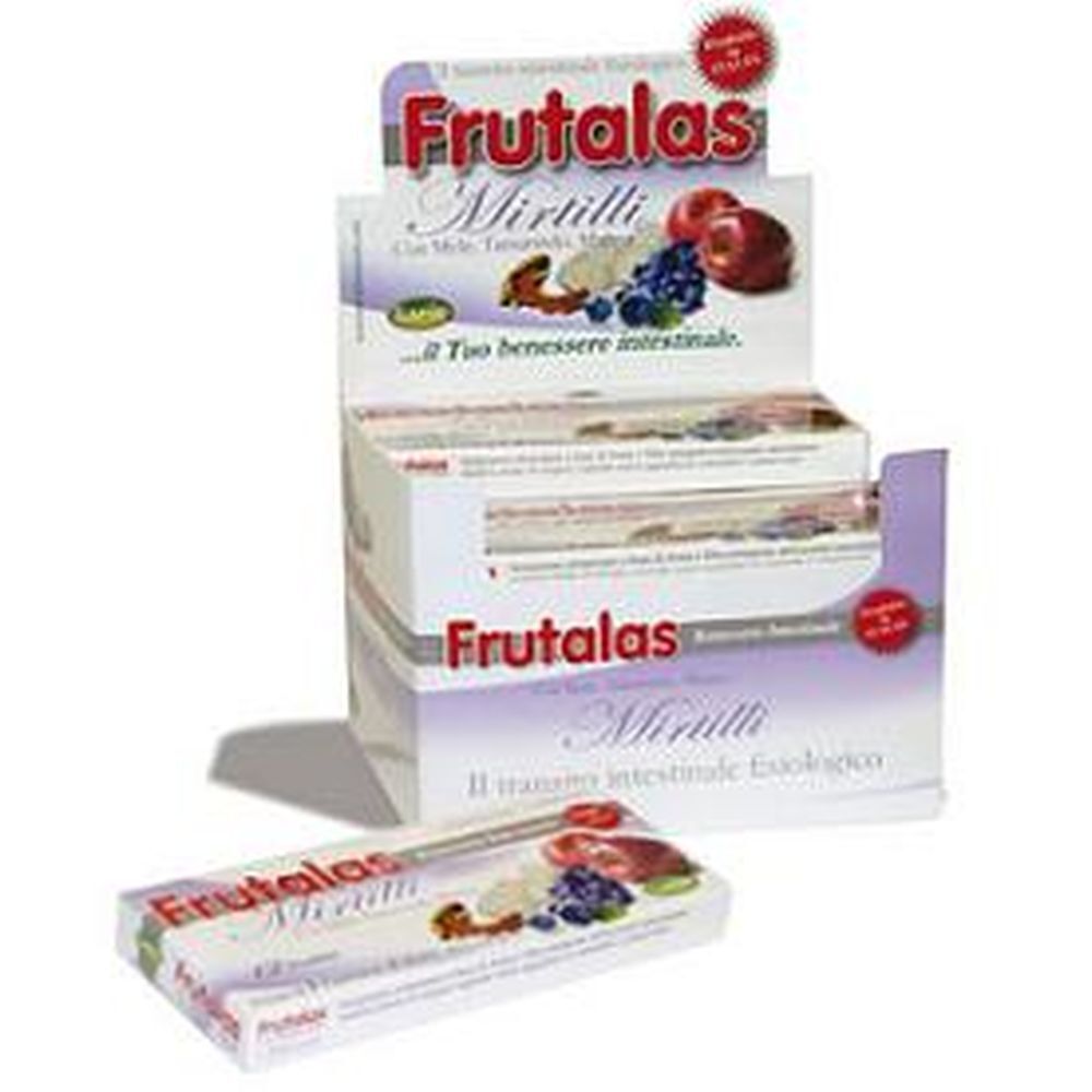 Espositore di Frutalas Mirtilli. Confezioni multiple. Scritta del nome del prodotto e immagini di frutta.
