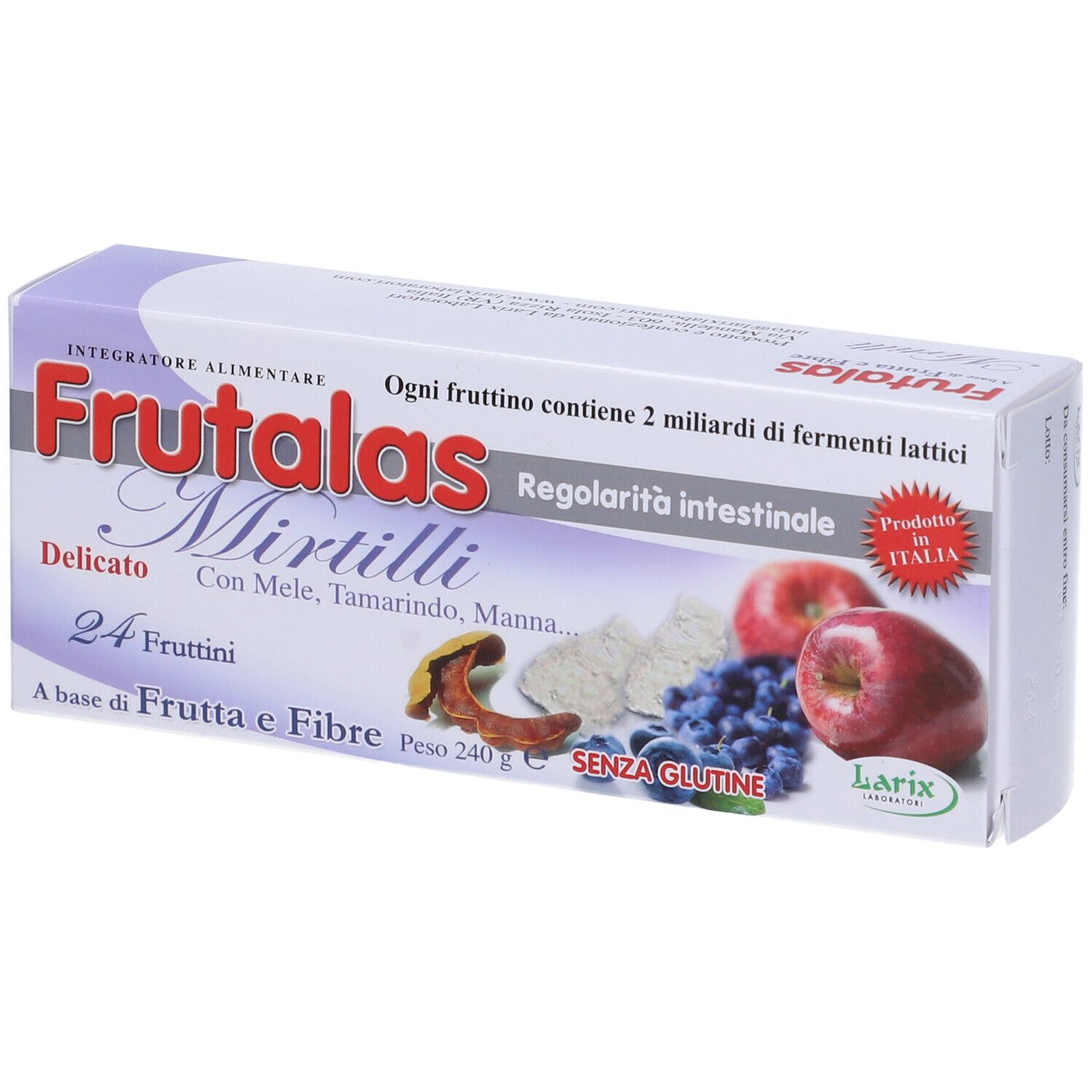 Confezione di Frutalas Mirtilli, 24 fruttini. Con mele, tamarindo, manna. Senza glutine. Prodotto in Italia.