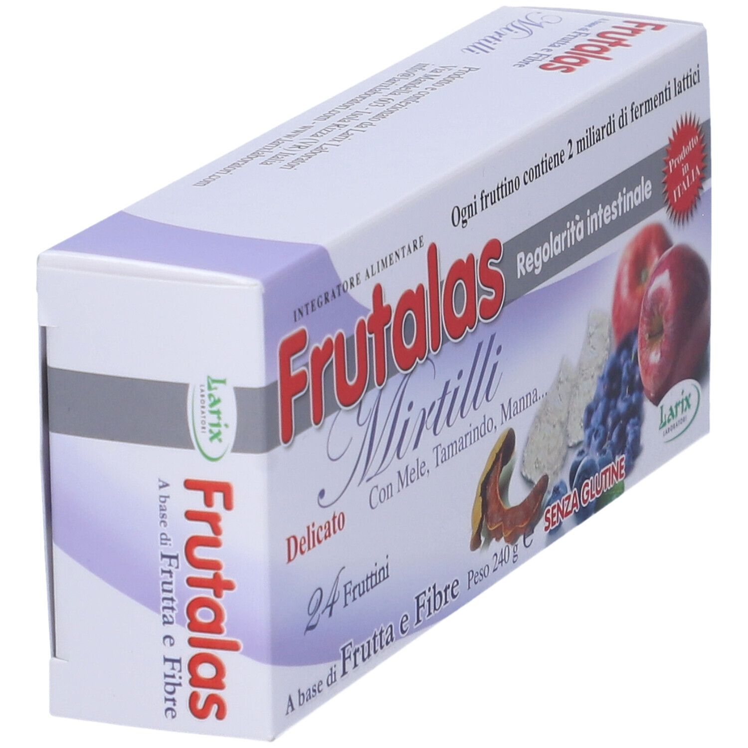 Vista obliqua della confezione di Frutalas Mirtilli. 24 fruttini. Con mele, tamarindo, manna. Senza glutine.