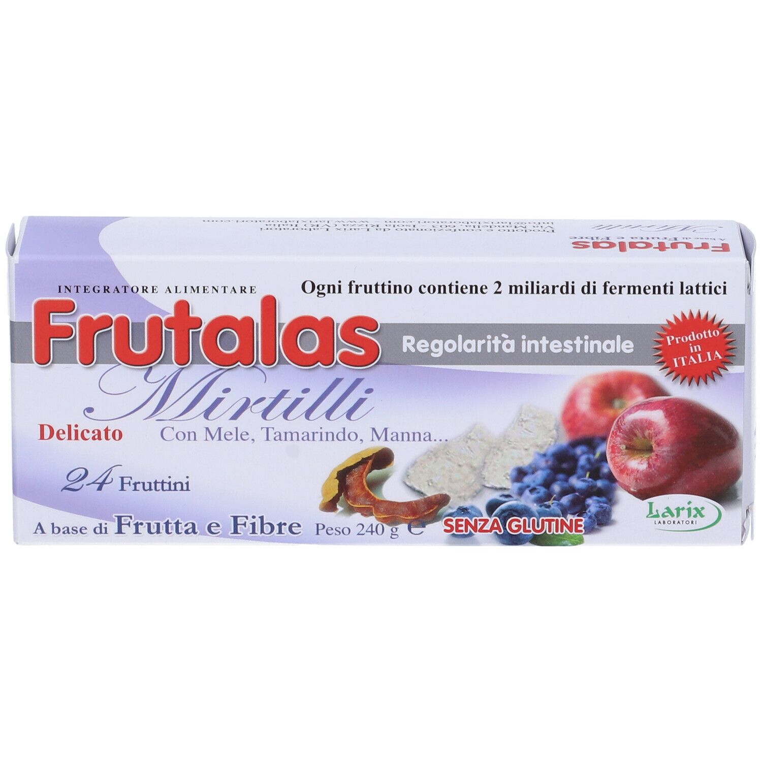 Confezione di Frutalas Mirtilli, 24 fruttini. Con mele, tamarindo, manna. Senza glutine. Immagine del prodotto.