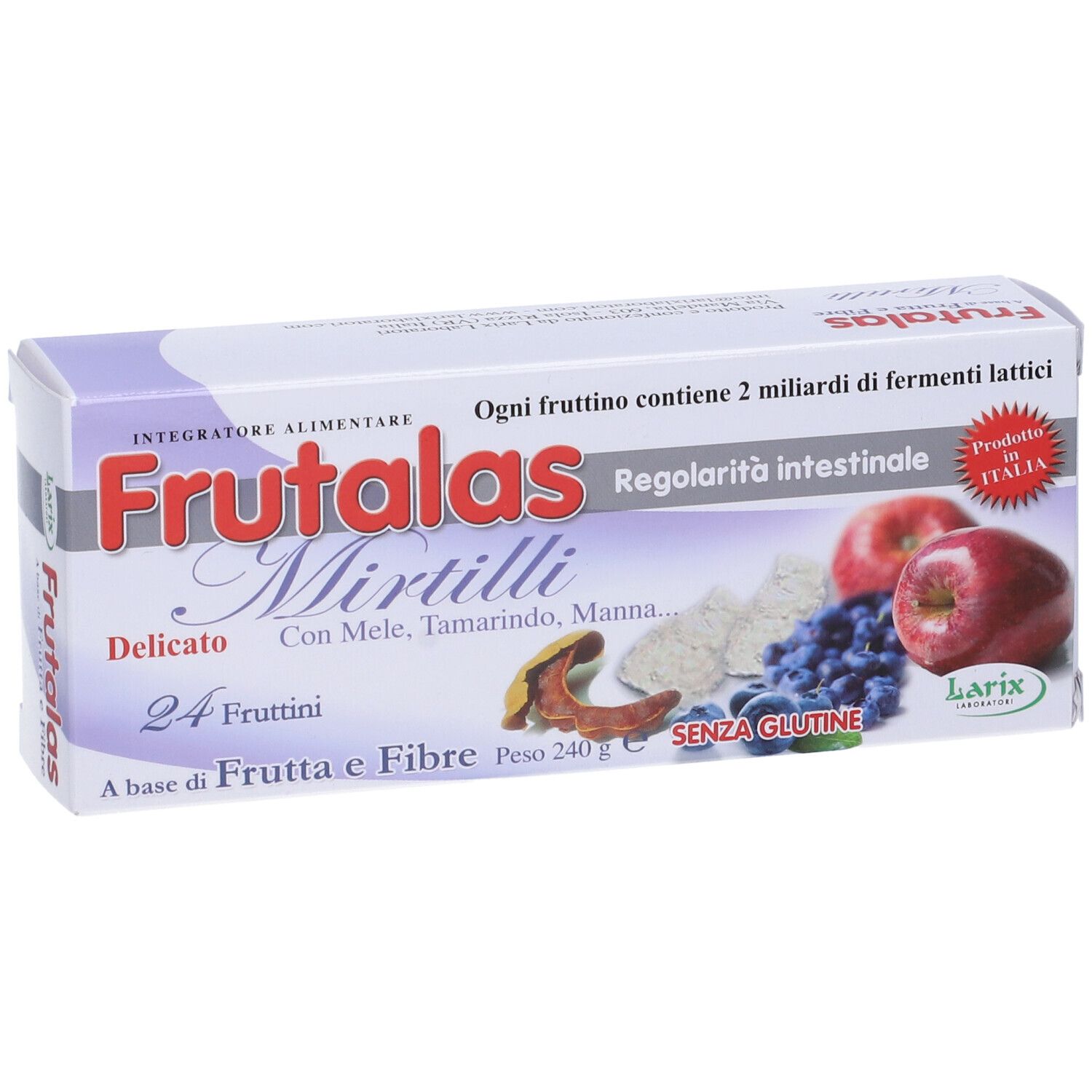 Confezione di Frutalas Mirtilli, 24 fruttini. Con mele, tamarindo, manna. Senza glutine. Immagine del prodotto.