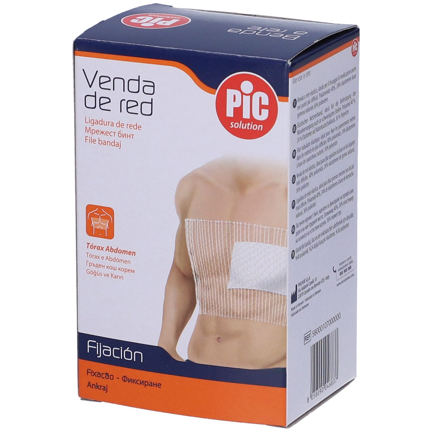 Verpackung mit Produktabbildung. Aufschrift: Venda de red, Pic solution. Für Brustkorb und Bauch.