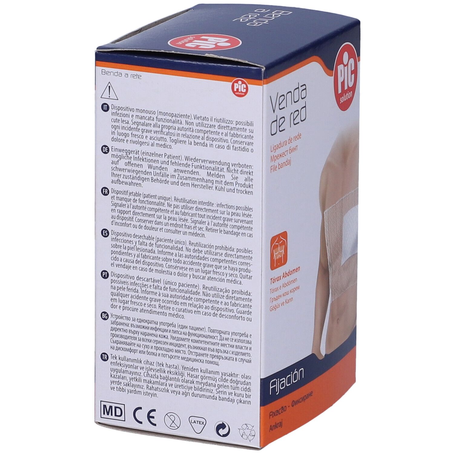 Rückseite der Verpackung. Text in mehreren Sprachen. Produktname: Venda de red. Marke: Pic solution. CE-Kennzeichnung.
