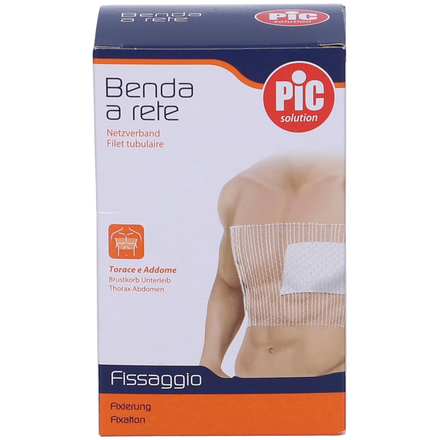 Verpackung mit Produktabbildung. Aufschrift: Benda a rete, Pic solution. Für Brustkorb und Bauch.