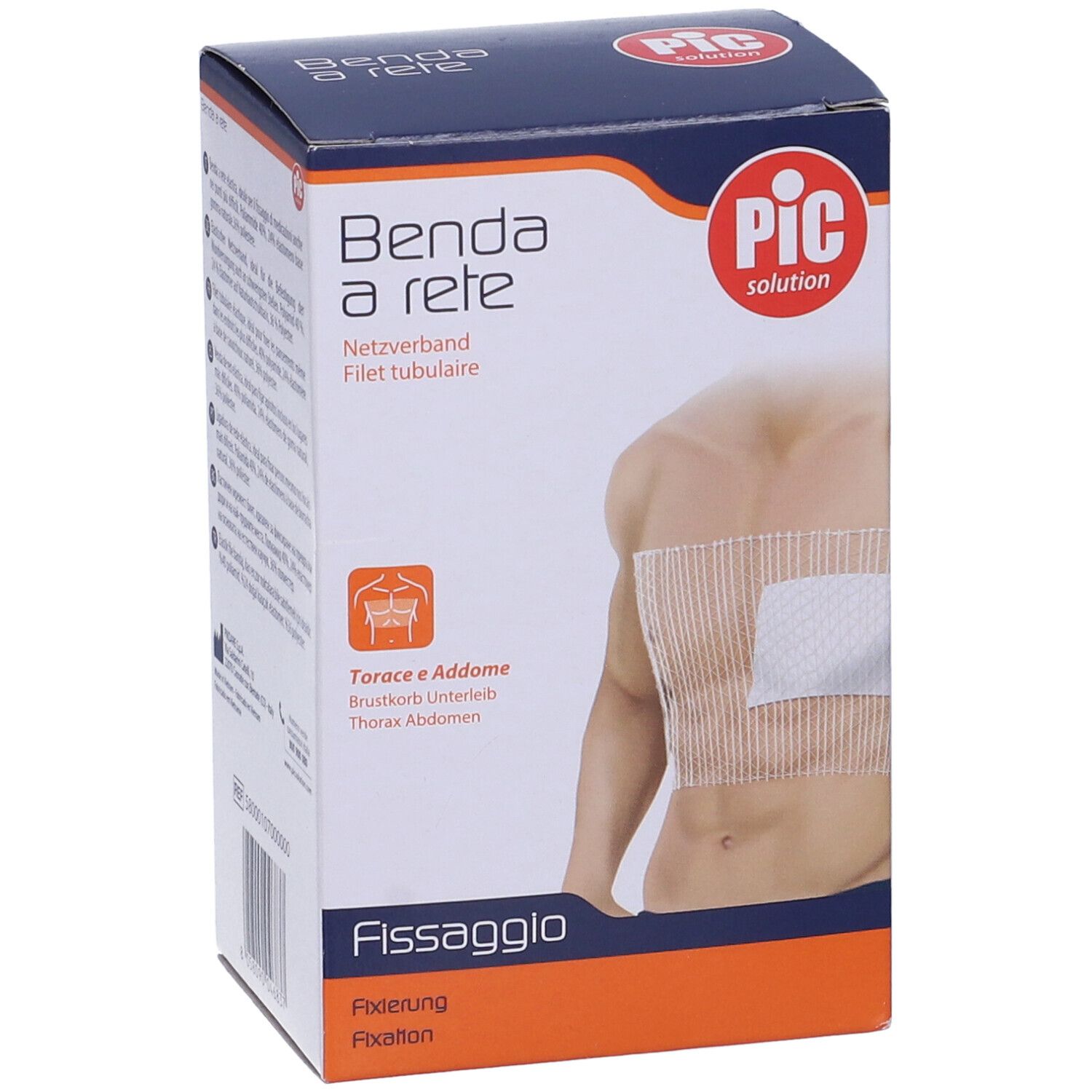 Verpackung mit Produktabbildung. Aufschrift: Benda a rete, Pic solution. Für Brustkorb und Bauch.