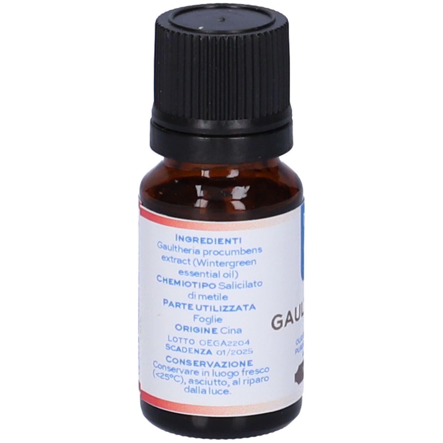 Flacone di vetro marrone con tappo nero. Etichetta con ingredienti e informazioni. Testo: Gaulteria, Olio Essenziale.