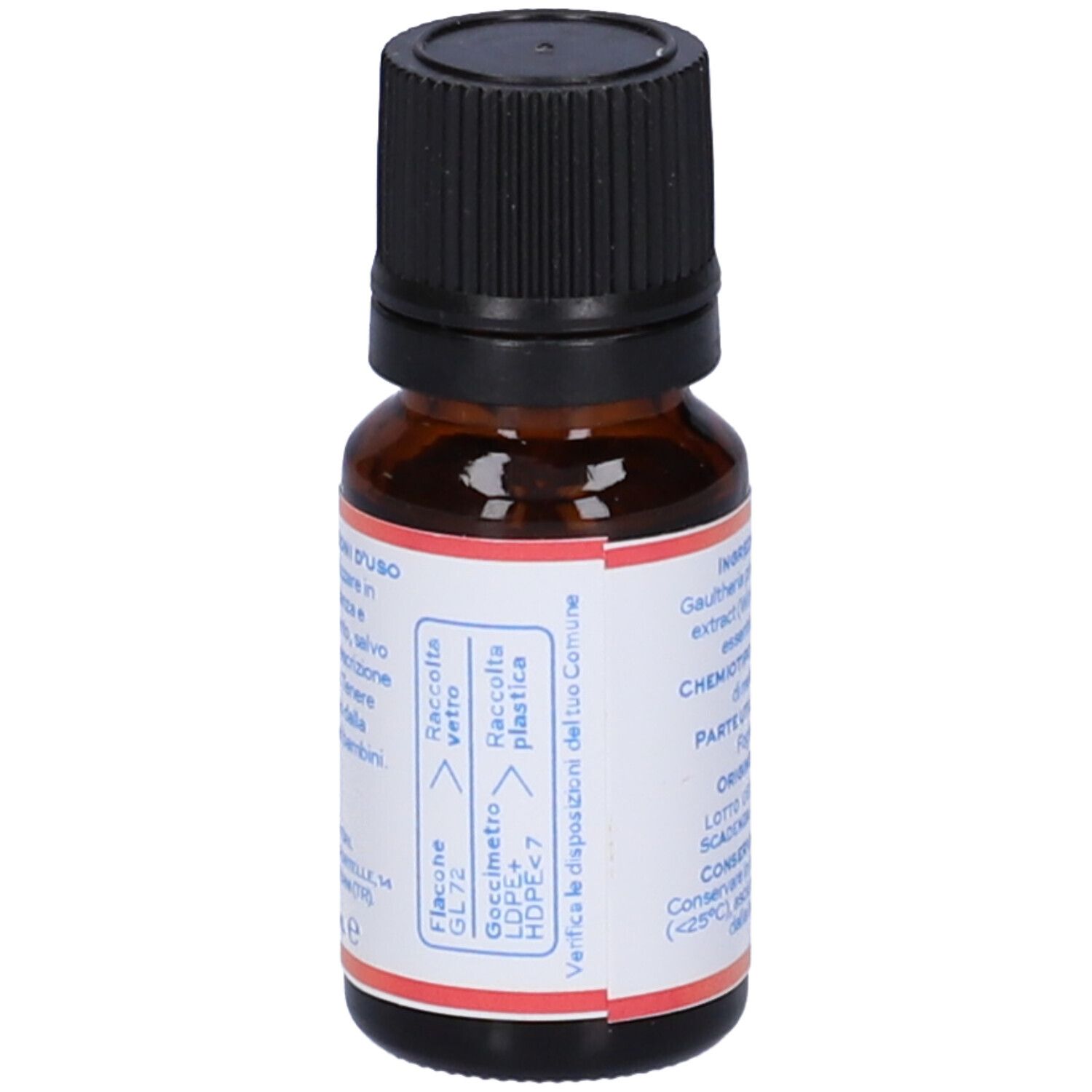 Flacone di vetro marrone con tappo nero. Etichetta con informazioni sullo smaltimento. Testo: Gaulteria, Olio Essenziale.