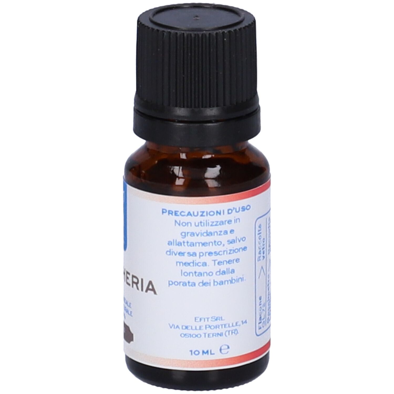 Flacone di vetro marrone con tappo nero. Etichetta con precauzioni d'uso. Testo: Gaulteria, Olio Essenziale, 10 ml.