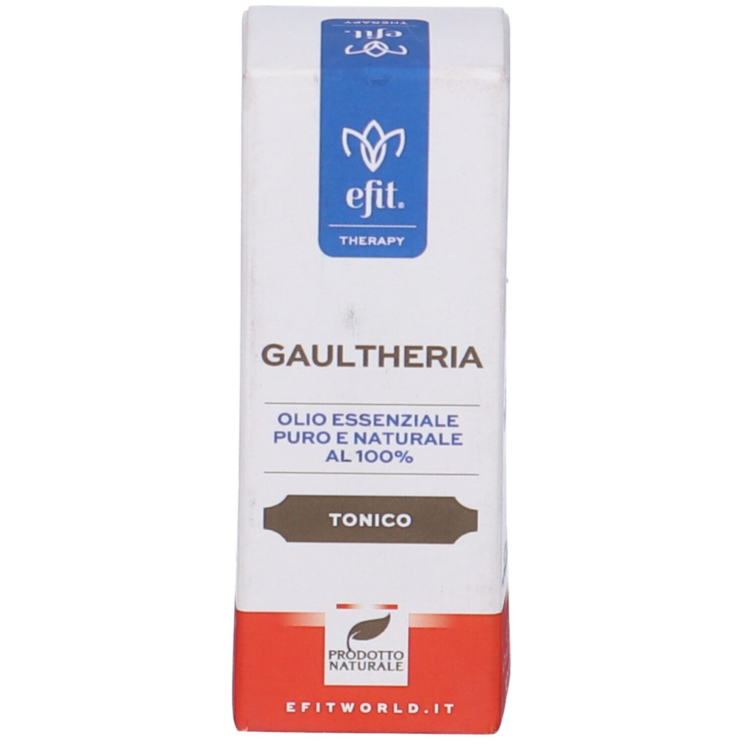 Confezione bianca con accento rosso. Testo: Gaulteria, Olio Essenziale, Tonico, logo. Prodotto: Olio Essenziale.