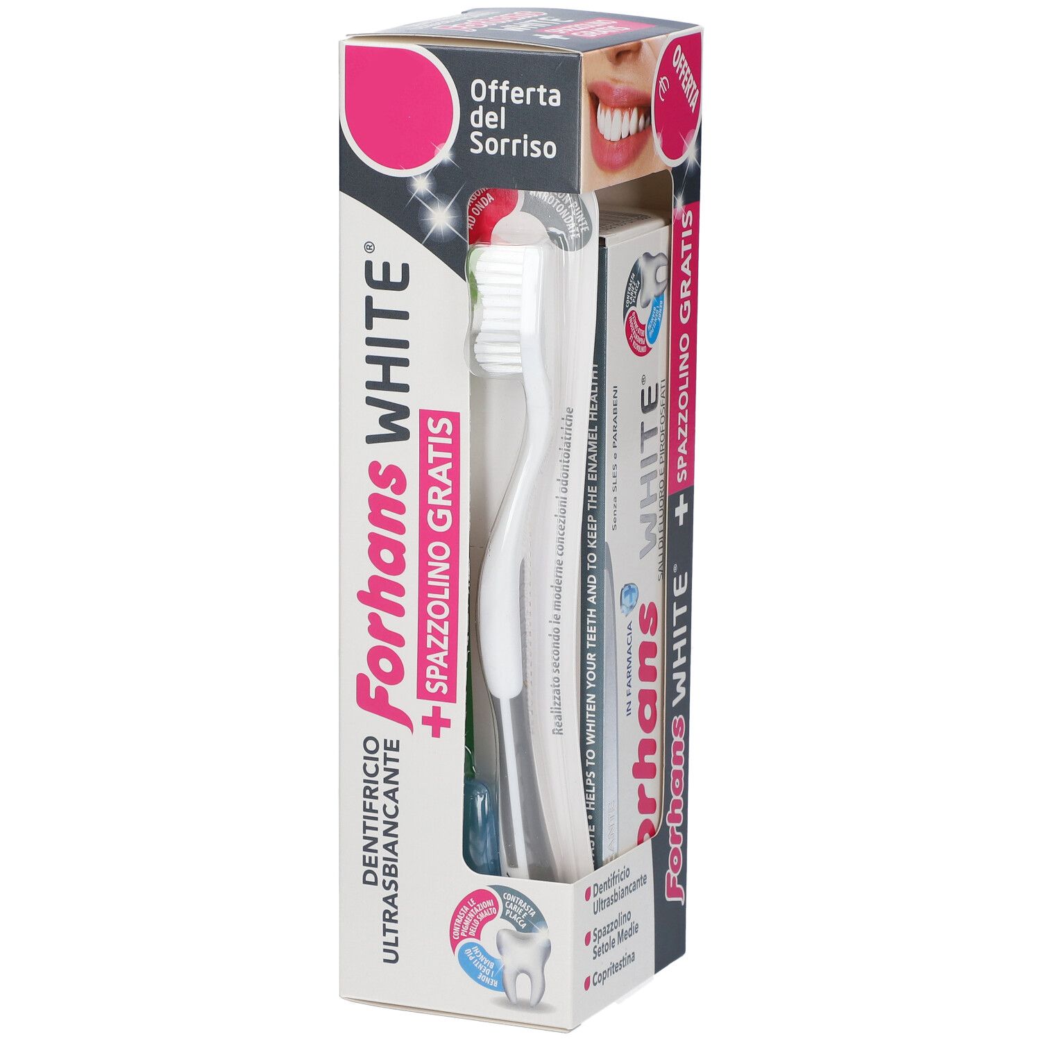 Dentifricio e spazzolino in confezione. Forhans White, design tubo dentifricio bianco. Spazzolino gratis.