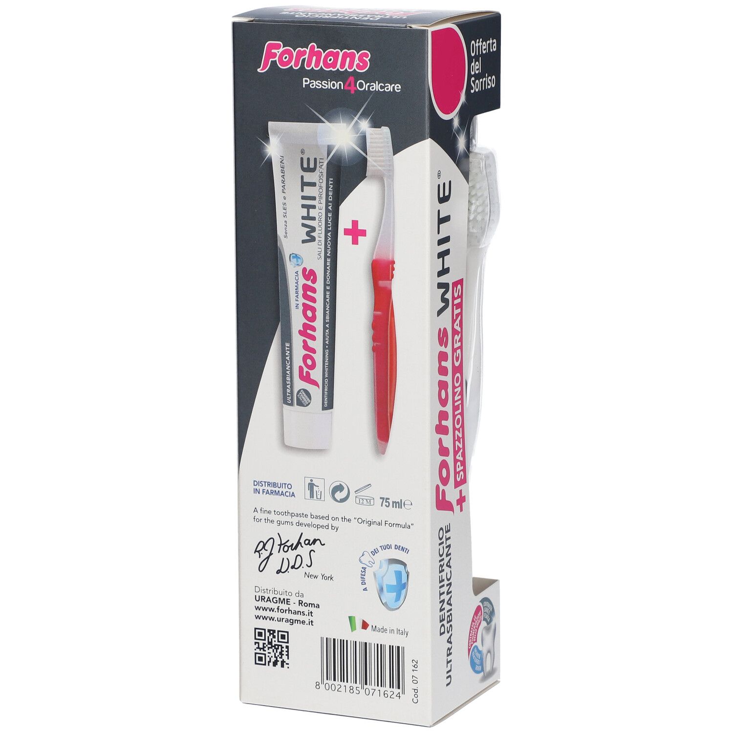 Dentifricio e spazzolino in confezione. Forhans White, spazzolino rosso, design tubo dentifricio bianco. Spazzolino gratis.