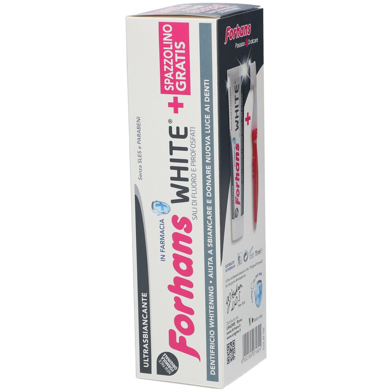Dentifricio e spazzolino in confezione. Forhans White, design spazzolino rosso, design tubo dentifricio bianco. Spazzolino gratis.