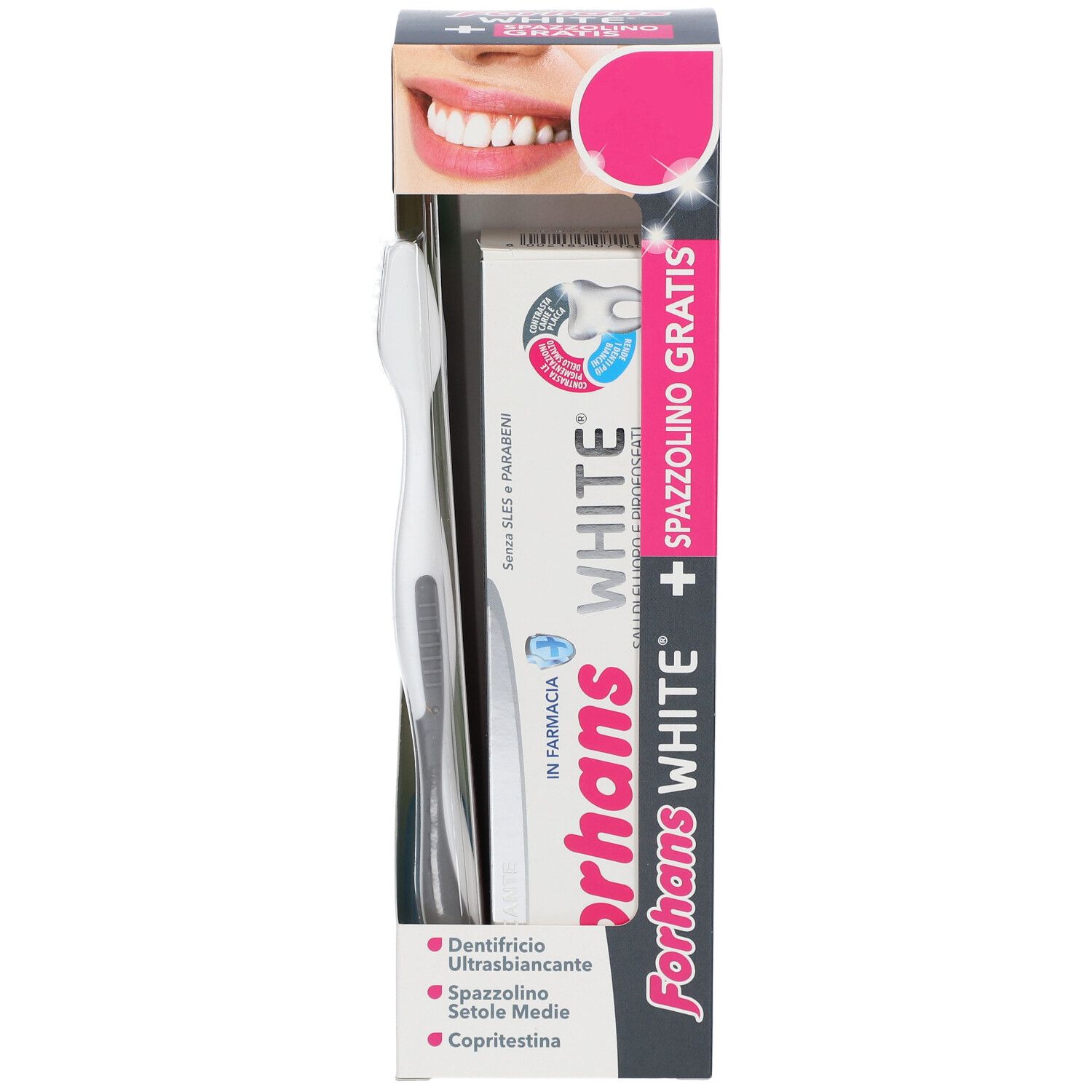 Dentifricio e spazzolino in confezione. Forhans White, design spazzolino bianco, design tubo dentifricio bianco. Spazzolino gratis.