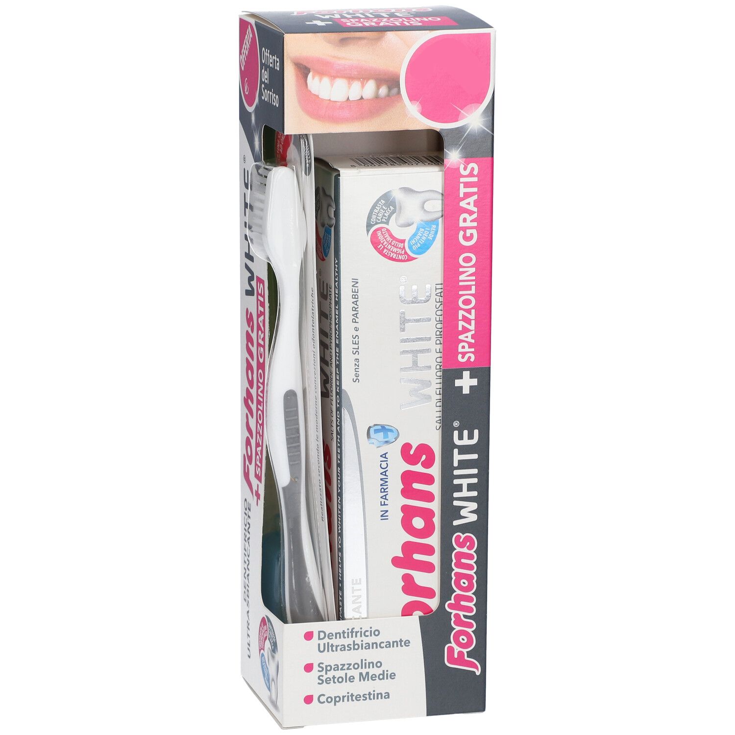 Dentifricio e spazzolino in confezione. Forhans White, design spazzolino bianco, design tubo dentifricio bianco. Spazzolino gratis.