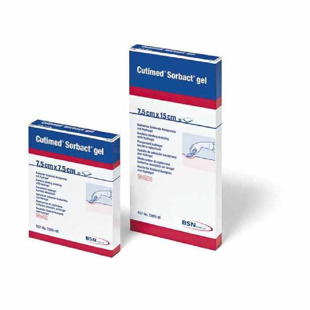 Due confezioni di Cutimed Sorbact gel. Una da 7,5 x 15 cm, l'altra da 7,5 x 7,5 cm. Entrambe hanno colori rosso e blu con informazioni sul prodotto.