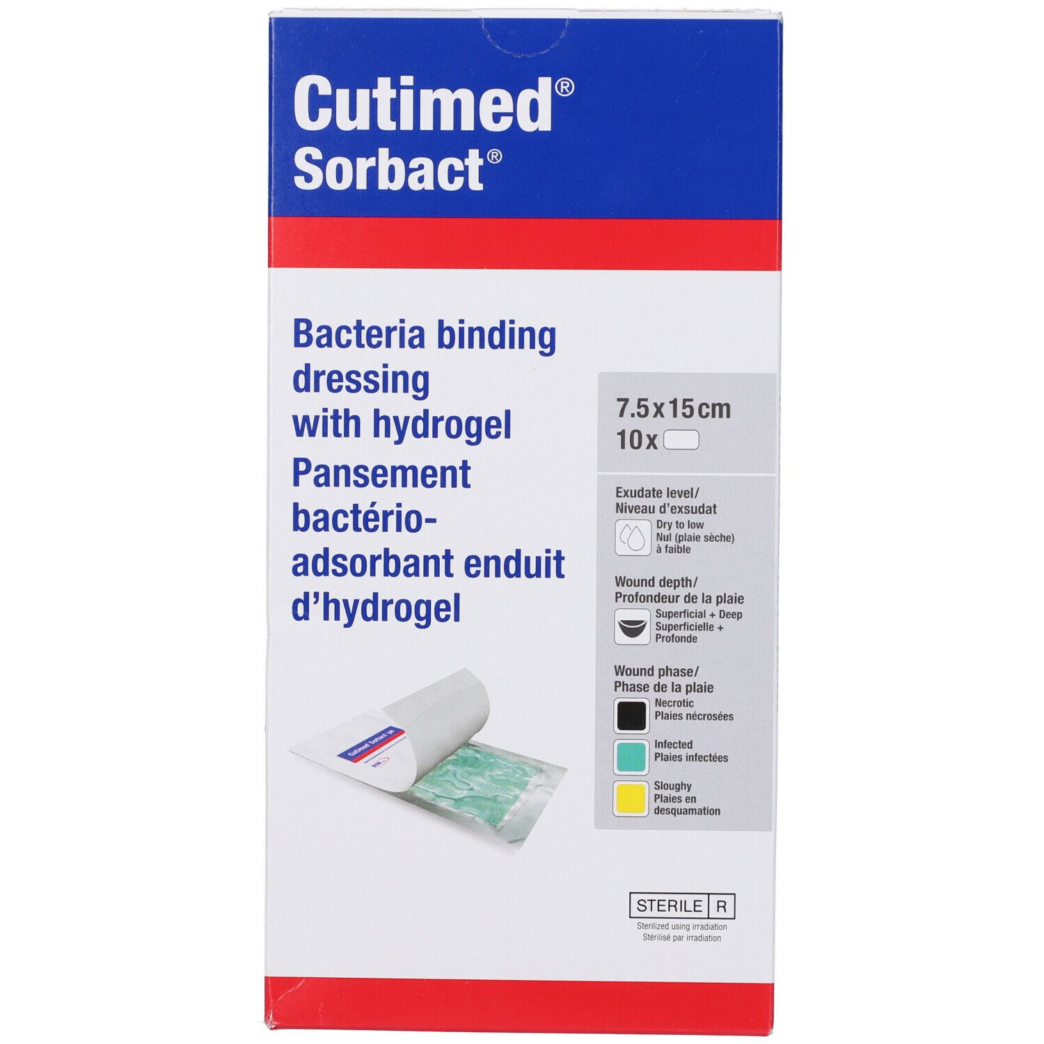 Confezione di Cutimed Sorbact gel. Scritta: Bacteria binding dressing with hydrogel. Dimensione: 7,5 x 15 cm. Dieci pezzi. Illustrazione di una medicazione.