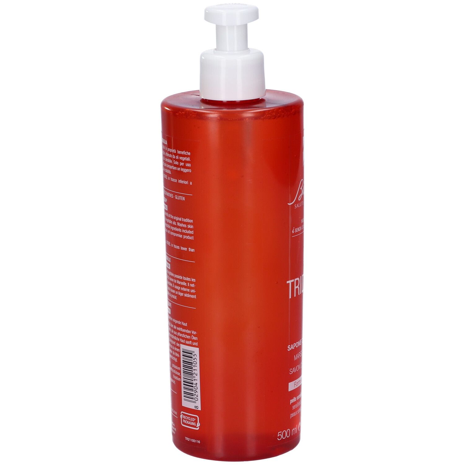 Rote Flasche mit weißem Pumpkopf. Rückseite mit Text. BioNike Triderm.