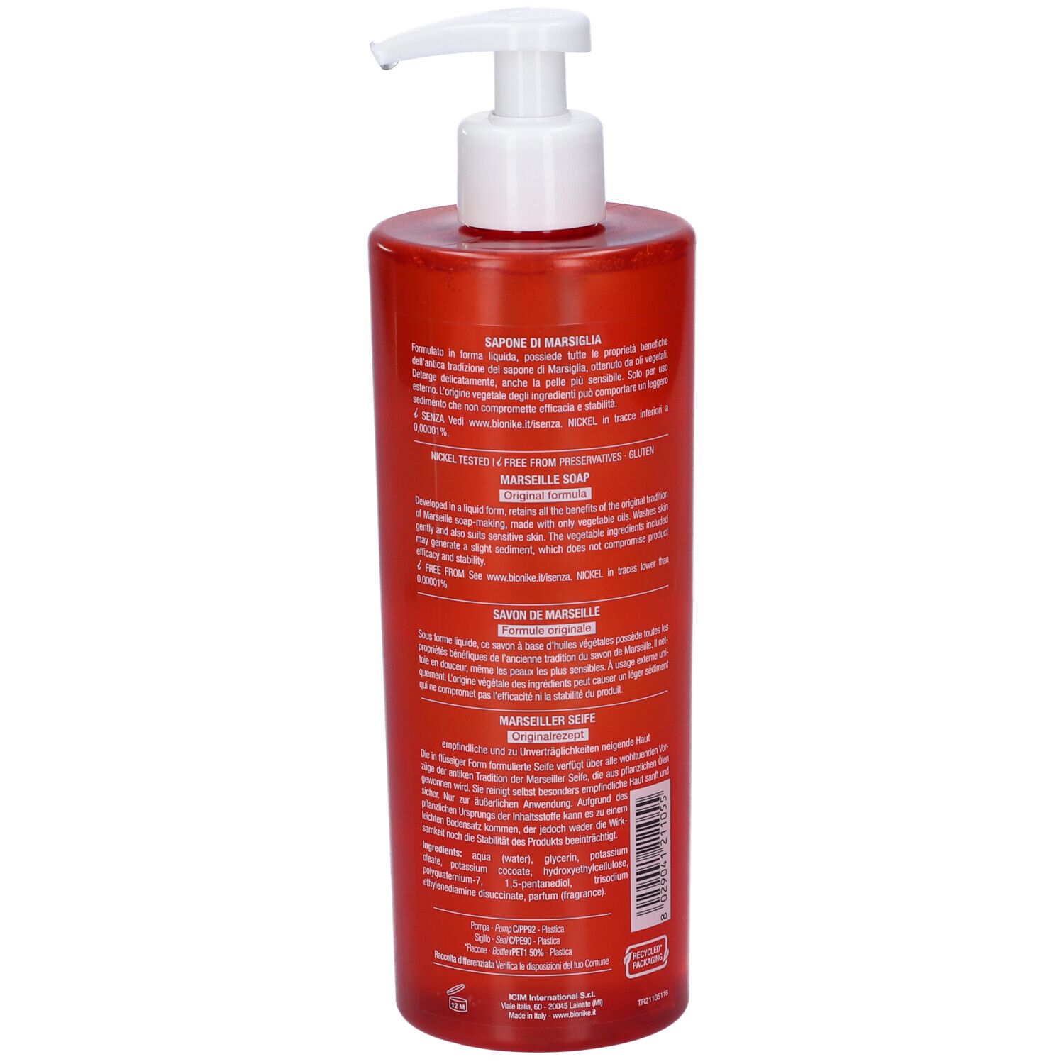 Rote Flasche mit weißem Pumpkopf. Rückseite mit Text. BioNike Triderm.