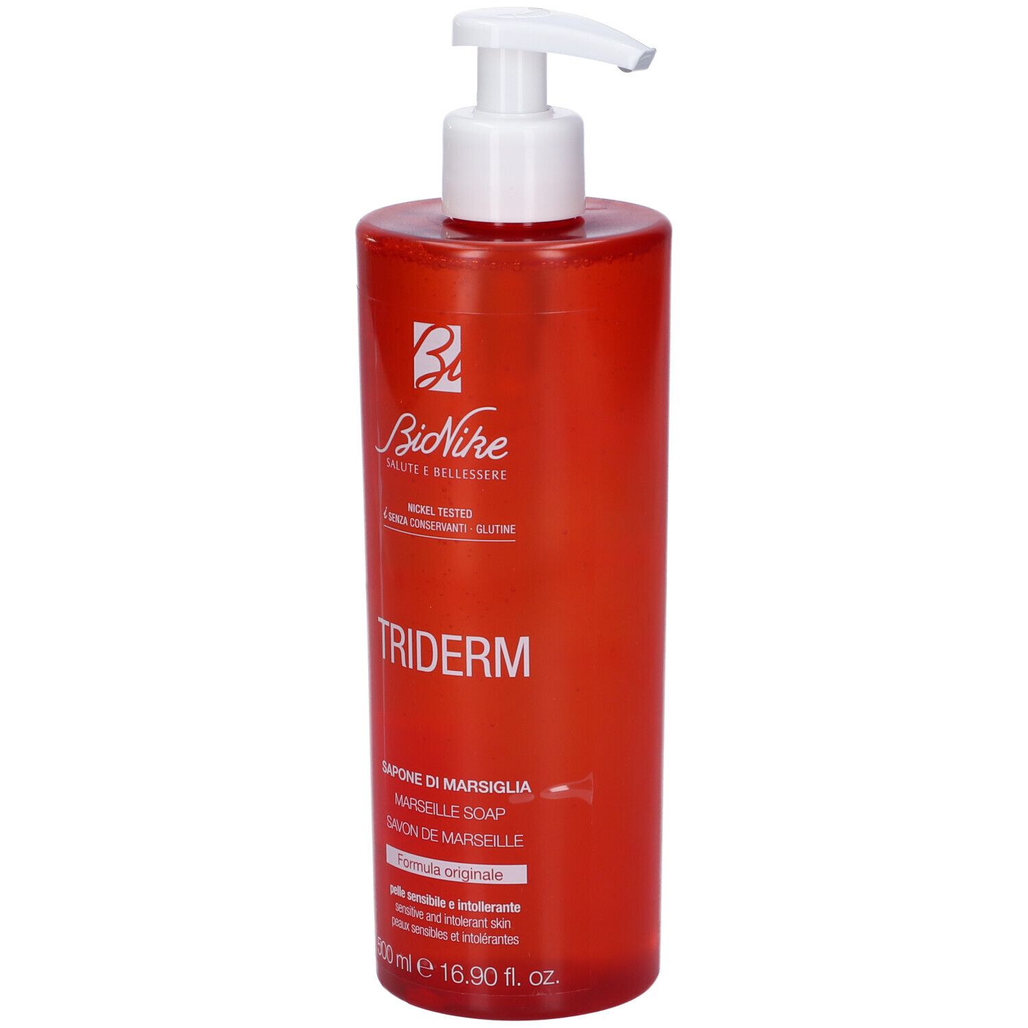 Rote Flasche mit weißem Pumpkopf. Aufschrift: Triderm, Marseille Soap, BioNike.