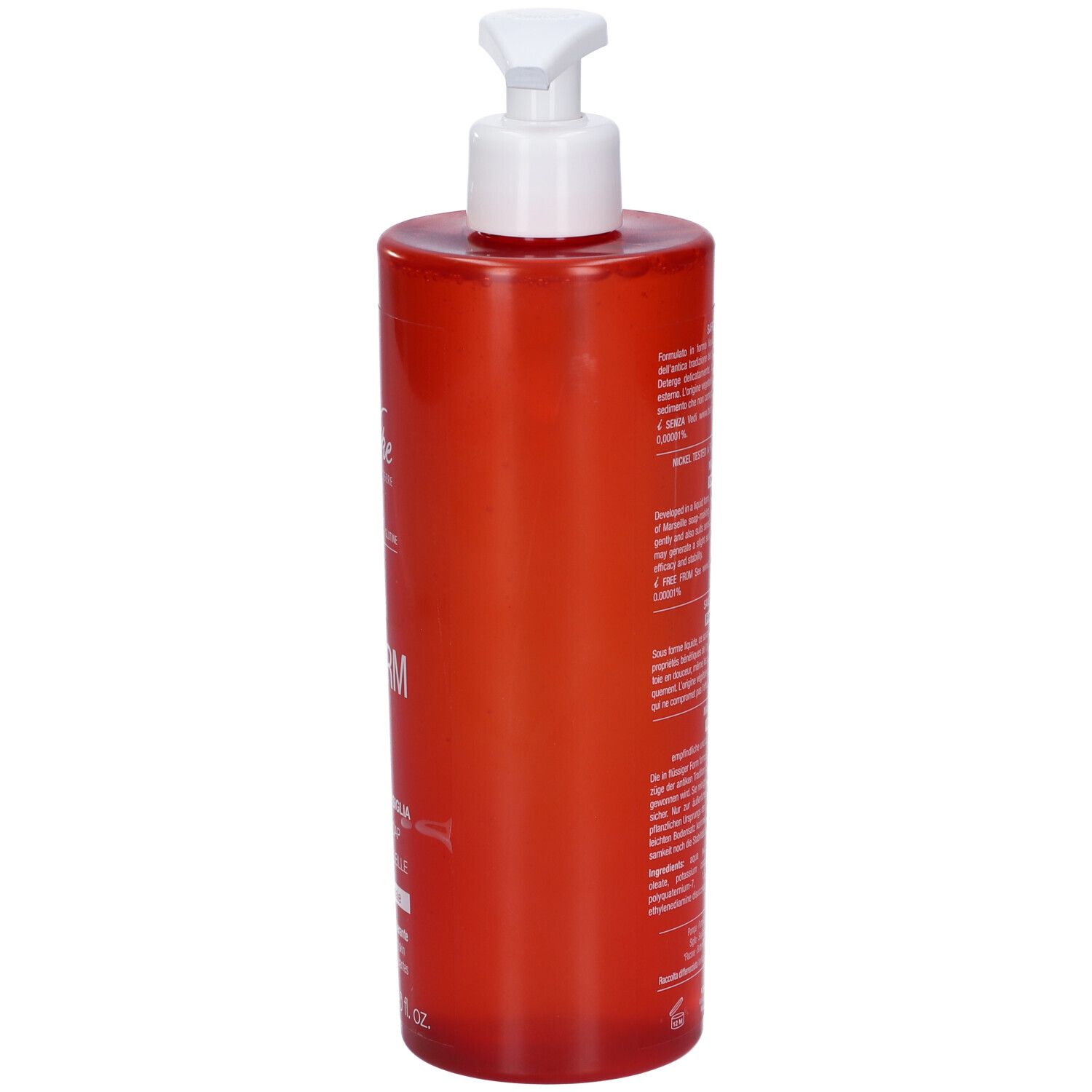 Rote Flasche mit weißem Pumpkopf. Rückseite mit Text. BioNike Triderm.