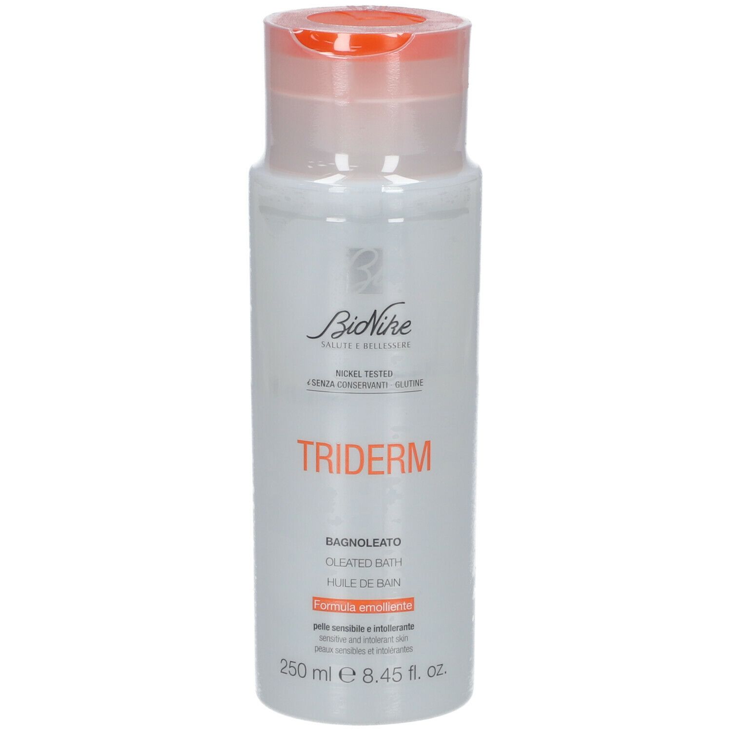 Bionike Triderm Badeöl. Weiße Flasche mit orangefarbenem Deckel. Produktname und Informationen auf der Vorderseite.
