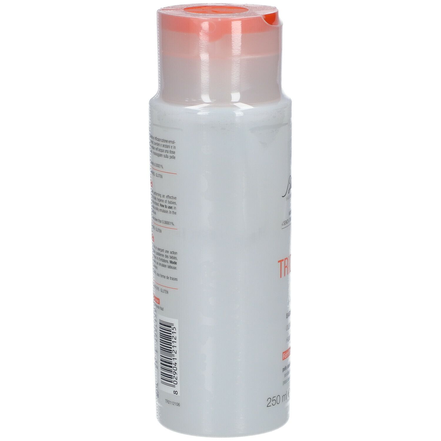 Bionike Triderm Badeöl. Weiße Flasche, Rückseite mit Text. Orangefarbener Deckel. Produktinformationen.