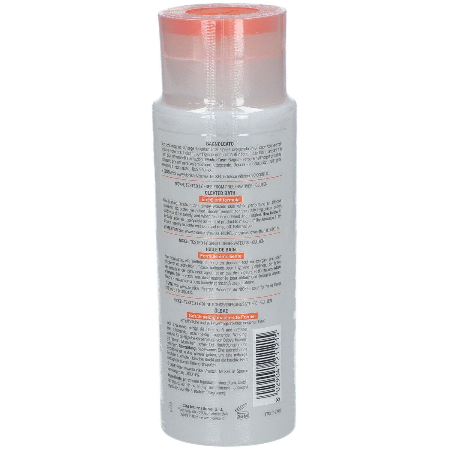 Bionike Triderm Badeöl. Weiße Flasche, Rückseite mit Text. Orangefarbener Deckel. Produktinformationen.