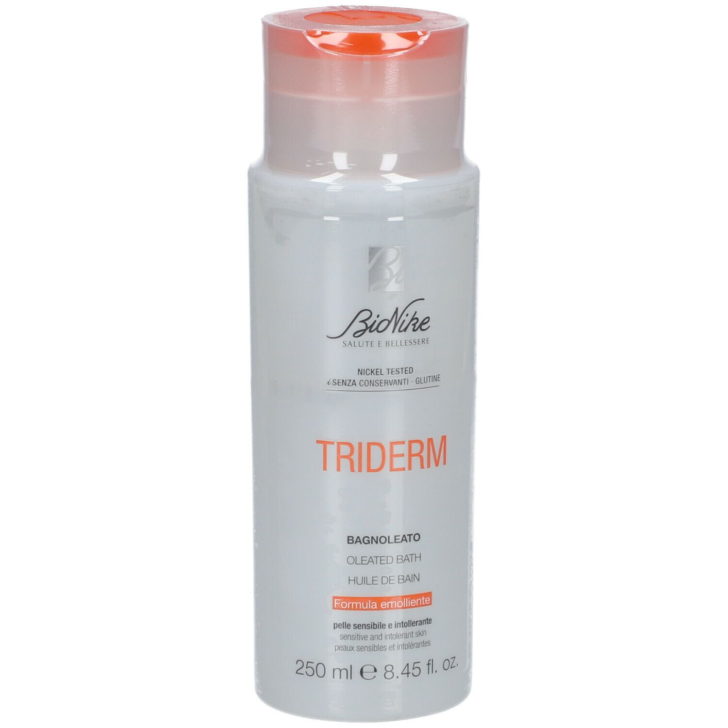 Bionike Triderm Badeöl. Weiße Flasche mit orangefarbenem Deckel. Produktname und Informationen auf der Vorderseite.