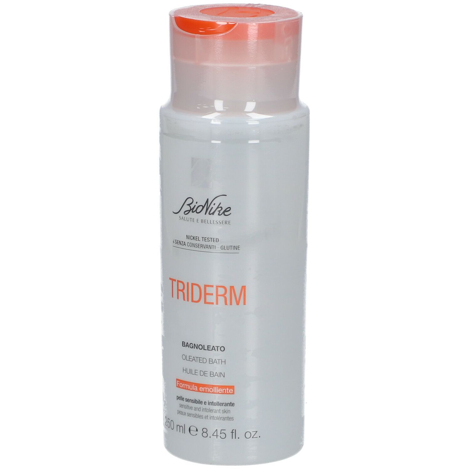 Bionike Triderm Badeöl. Weiße Flasche mit orangefarbenem Deckel. Produktname und Informationen auf der Vorderseite.
