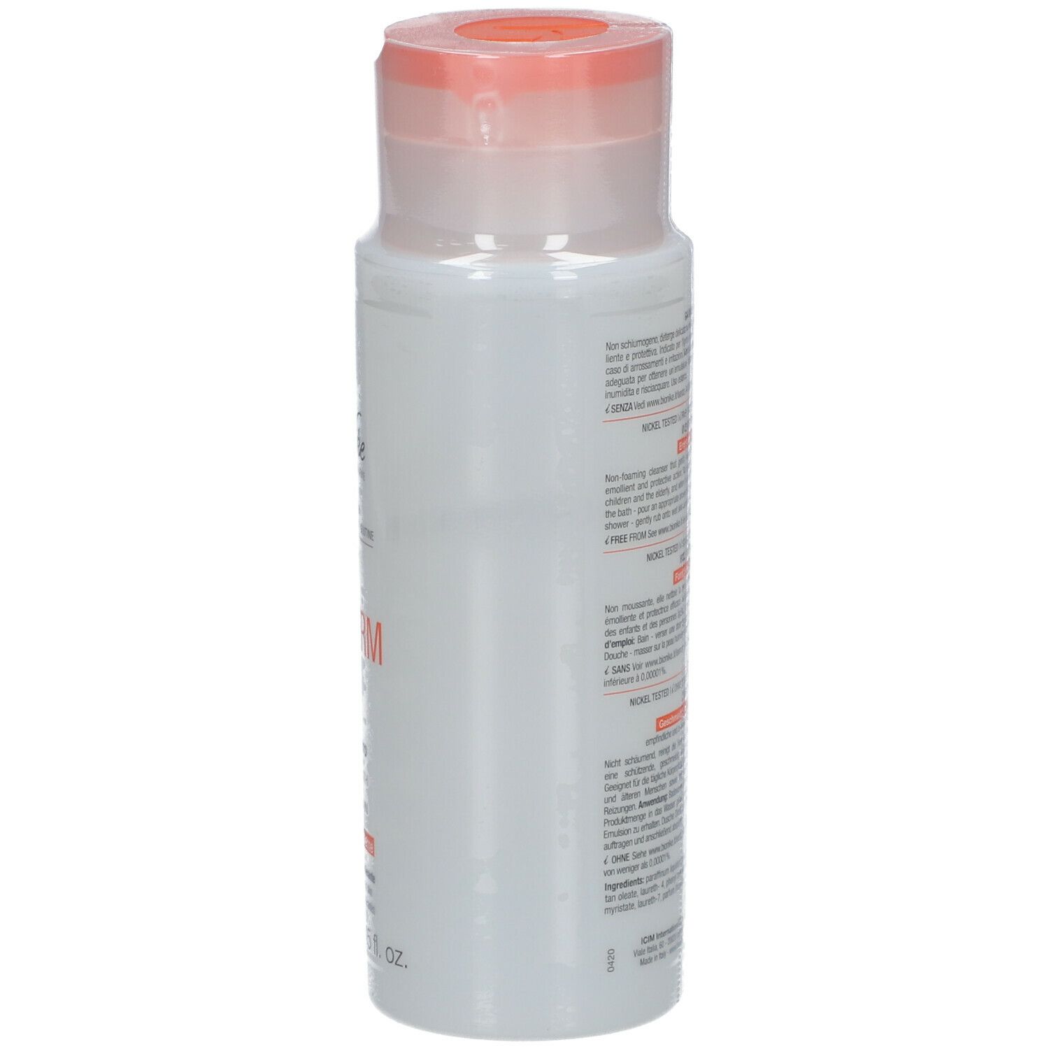 Bionike Triderm Badeöl. Weiße Flasche, Rückseite mit Text. Orangefarbener Deckel. Produktinformationen.