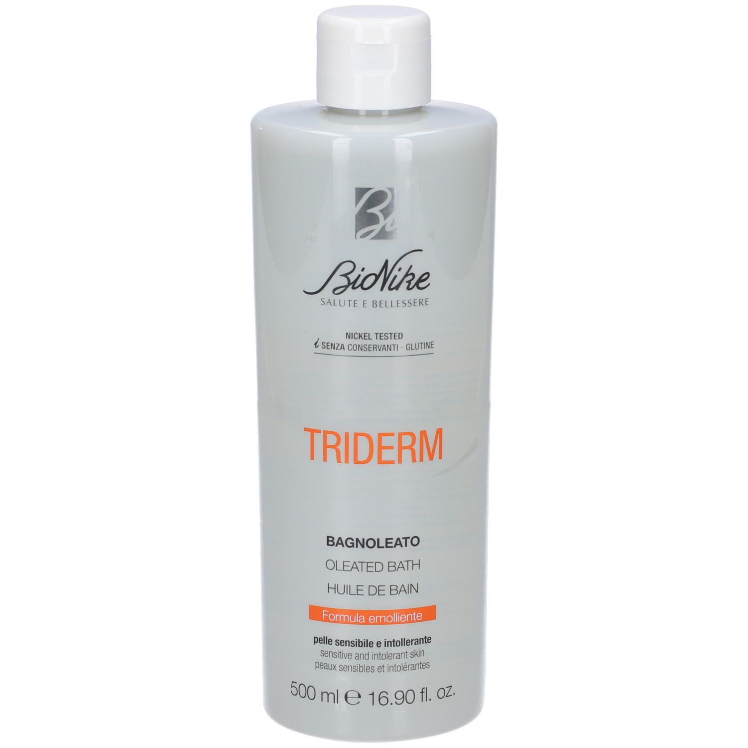 Graue Flasche mit weißem Deckel. Aufschrift: BioNike, Triderm, Bagnoleato, Oleated Bath, Huile de Bain. 500 ml.