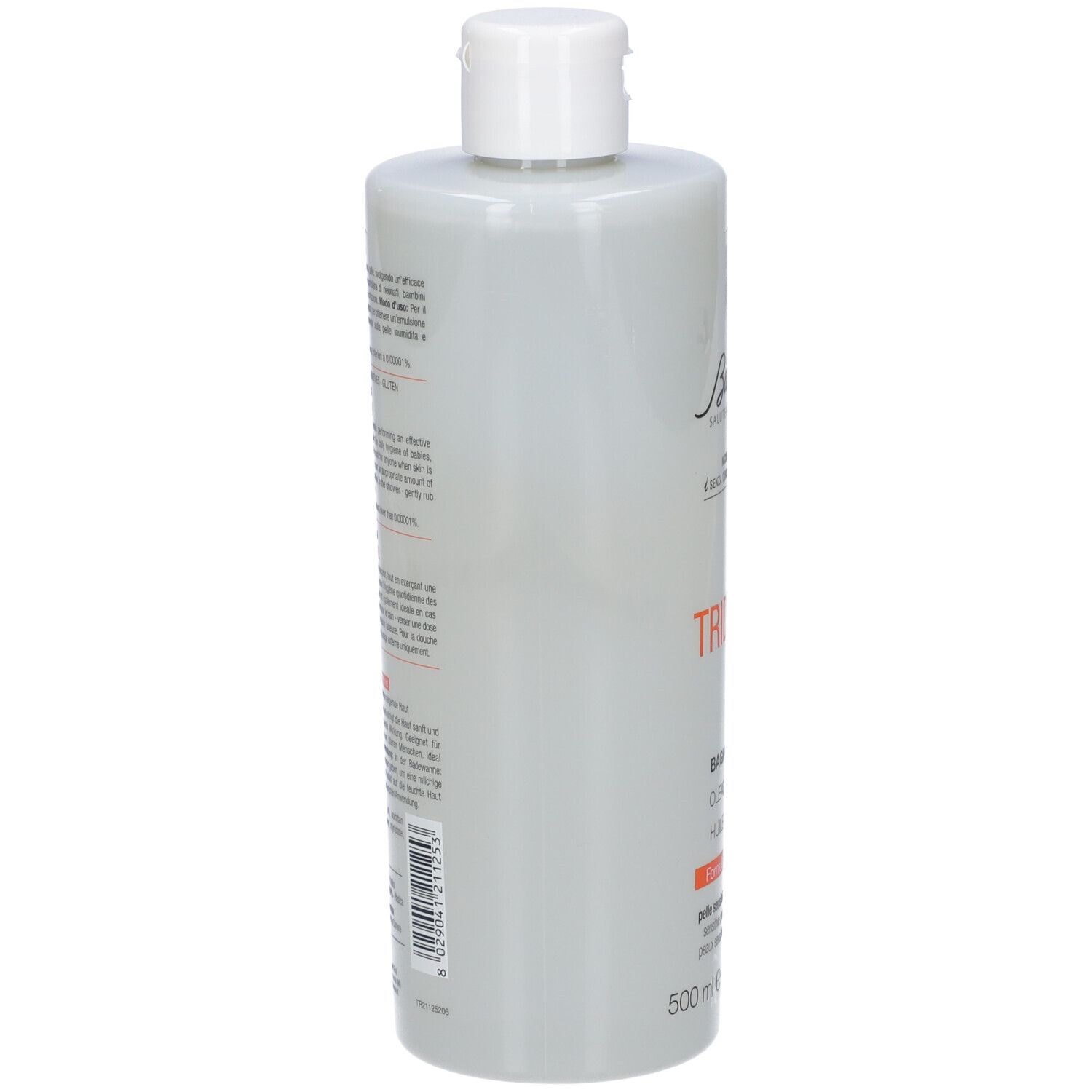 Graue Flasche, Seitenansicht. Aufschrift und Text. Weißer Deckel. Barcode. 500 ml.