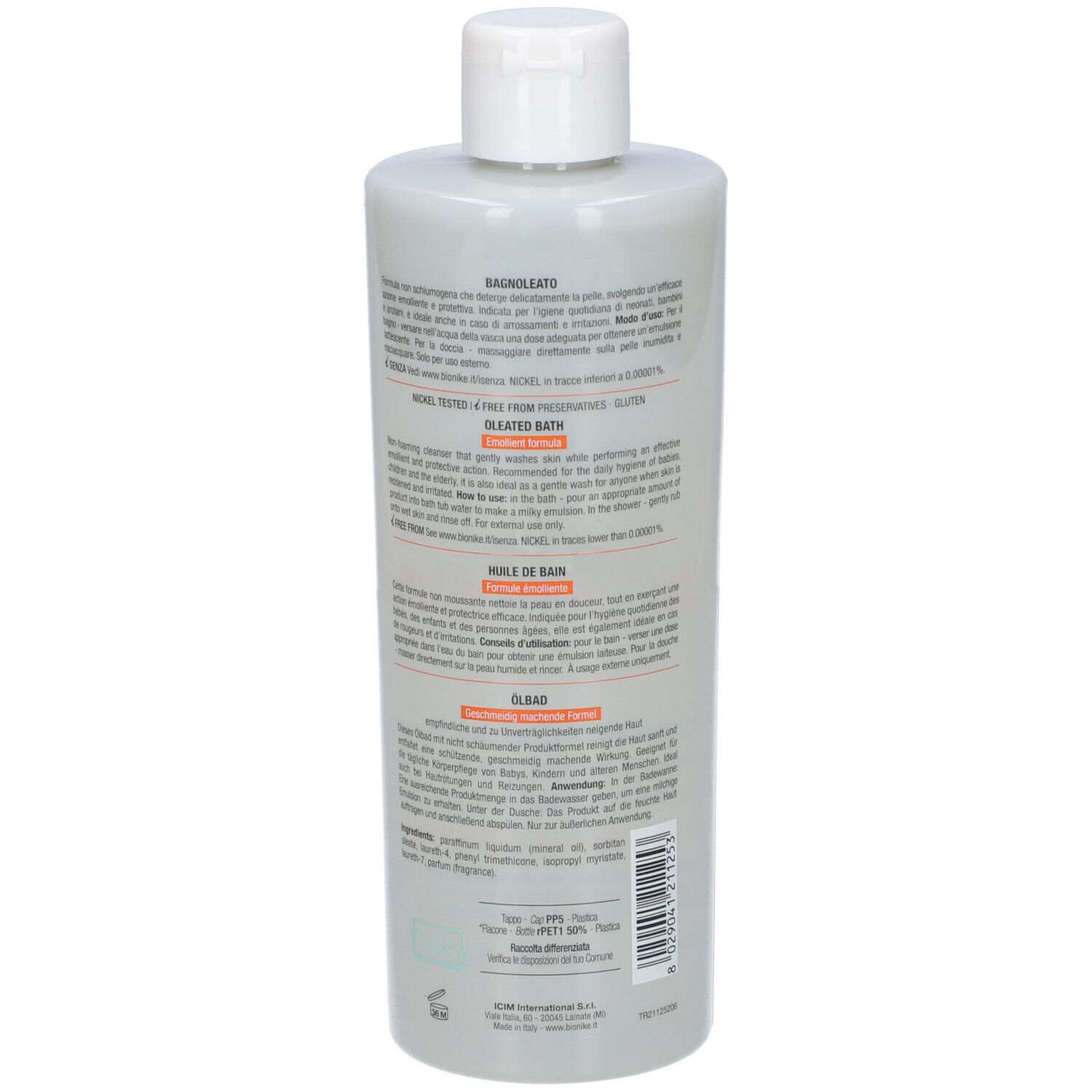 Rückseite einer grauen Flasche mit Text. Weißer Deckel. Aufschrift: Bagnoleato, Oleated Bath, Huile de Bain. 500 ml.