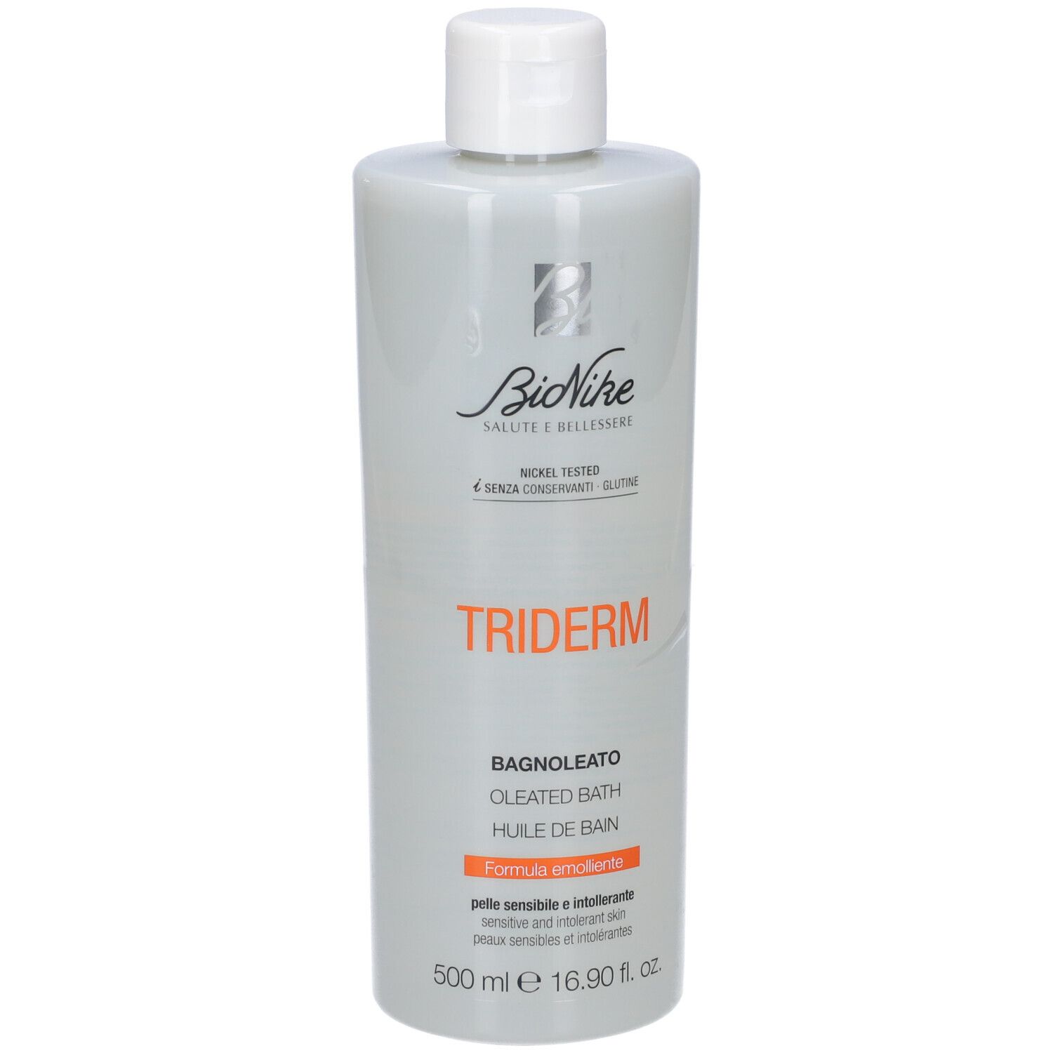 Graue Flasche mit weißem Deckel. Aufschrift: BioNike, Triderm, Bagnoleato, Oleated Bath, Huile de Bain. 500 ml.