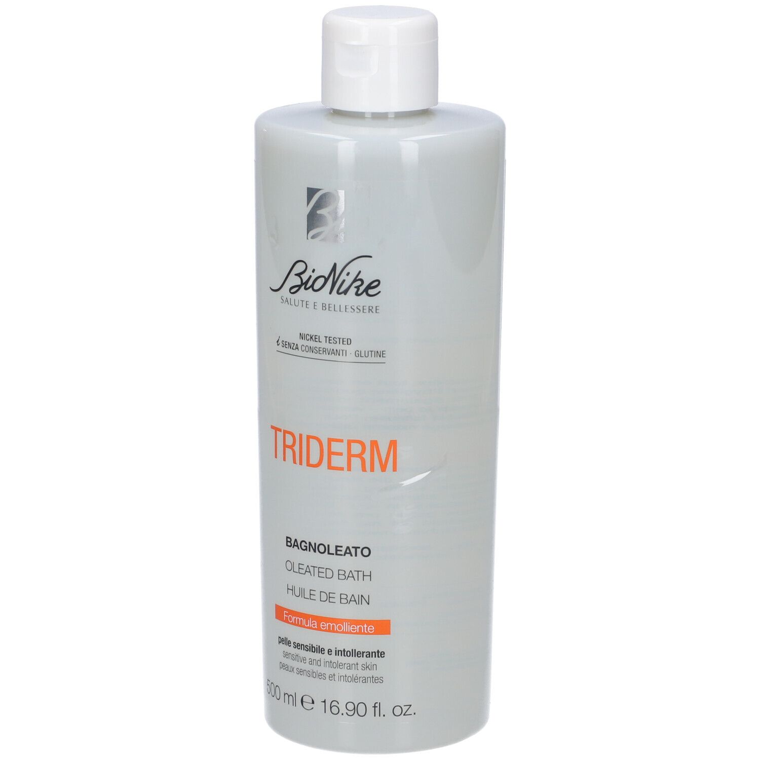 Graue Flasche mit weißem Deckel. Aufschrift: BioNike, Triderm, Bagnoleato, Oleated Bath, Huile de Bain. 500 ml.