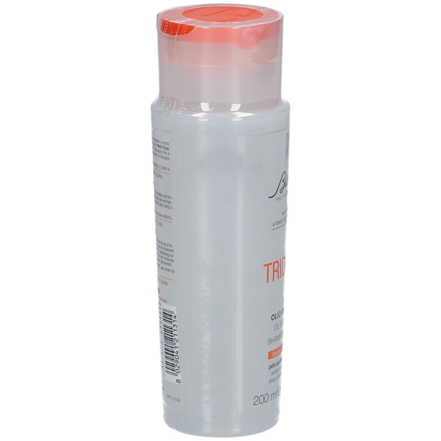BioNike Triderm Olio Shampoo. Flacone bianco con tappo arancione. Vista posteriore con testo.