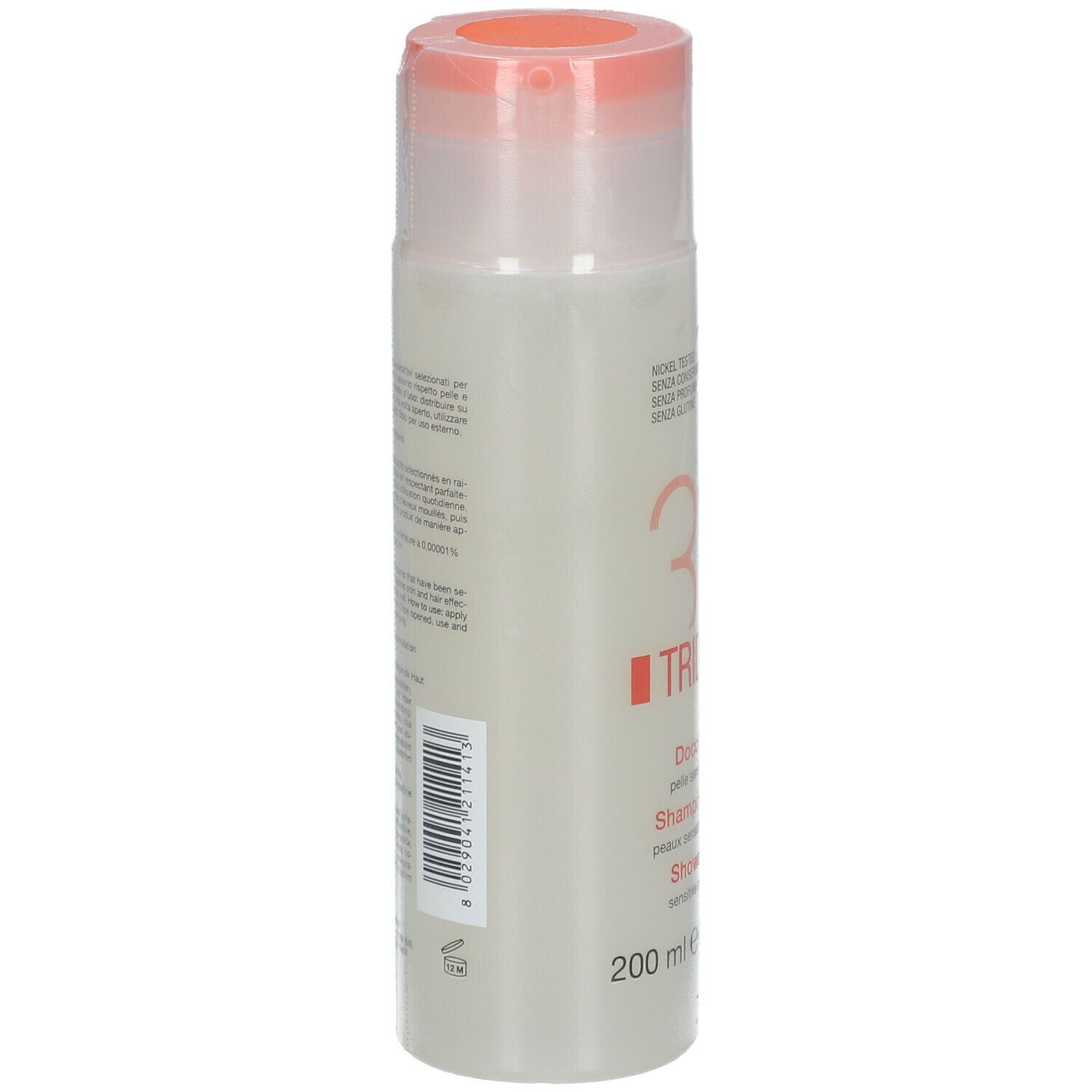 BioNike Triderm Syndet Dusch-Shampoo. Weiße Flasche mit orangefarbenem Deckel. Rückseite mit Text und Barcode.