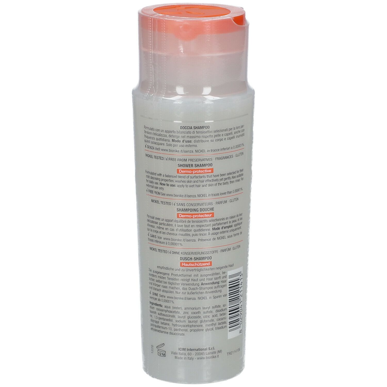 BioNike Triderm Syndet Dusch-Shampoo. Weiße Flasche mit orangefarbenem Deckel. Rückseite mit Text und Barcode.