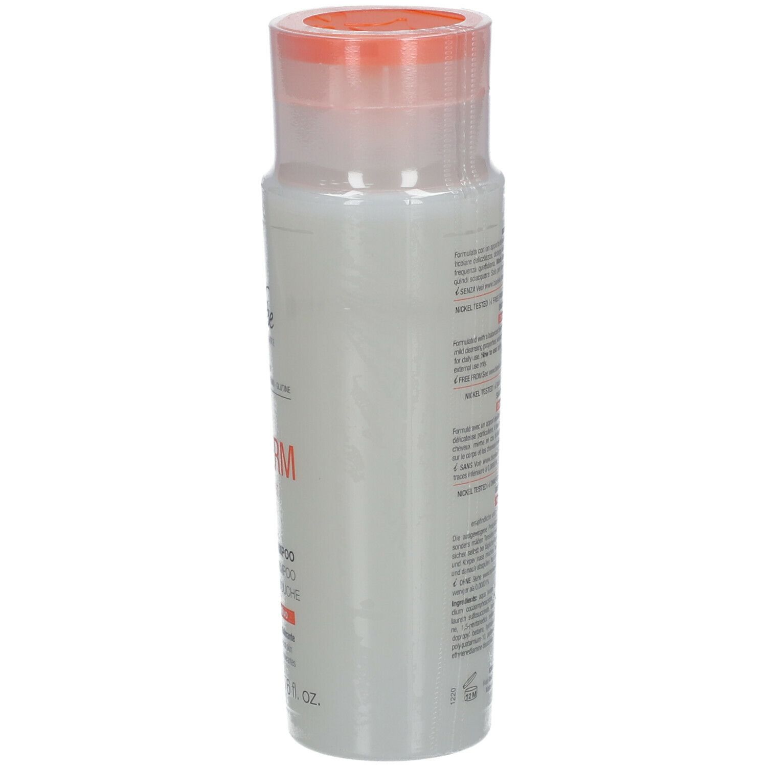 BioNike Triderm Syndet Dusch-Shampoo. Weiße Flasche mit orangefarbenem Deckel. Rückseite mit Text.