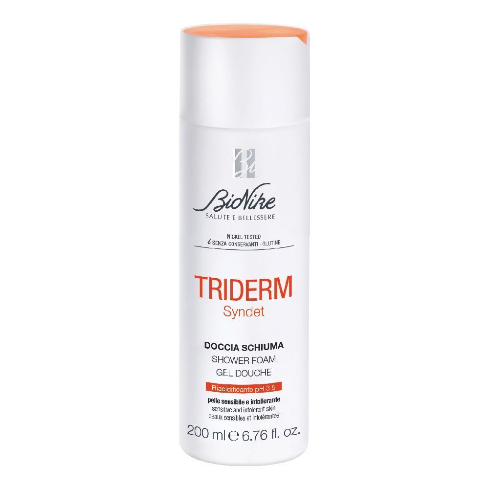 Weiße Flasche mit orangefarbenem Deckel. Aufschrift: BioNike, Triderm Syndet, Duschschaum, pH 3,5. Enthält 200 ml.
