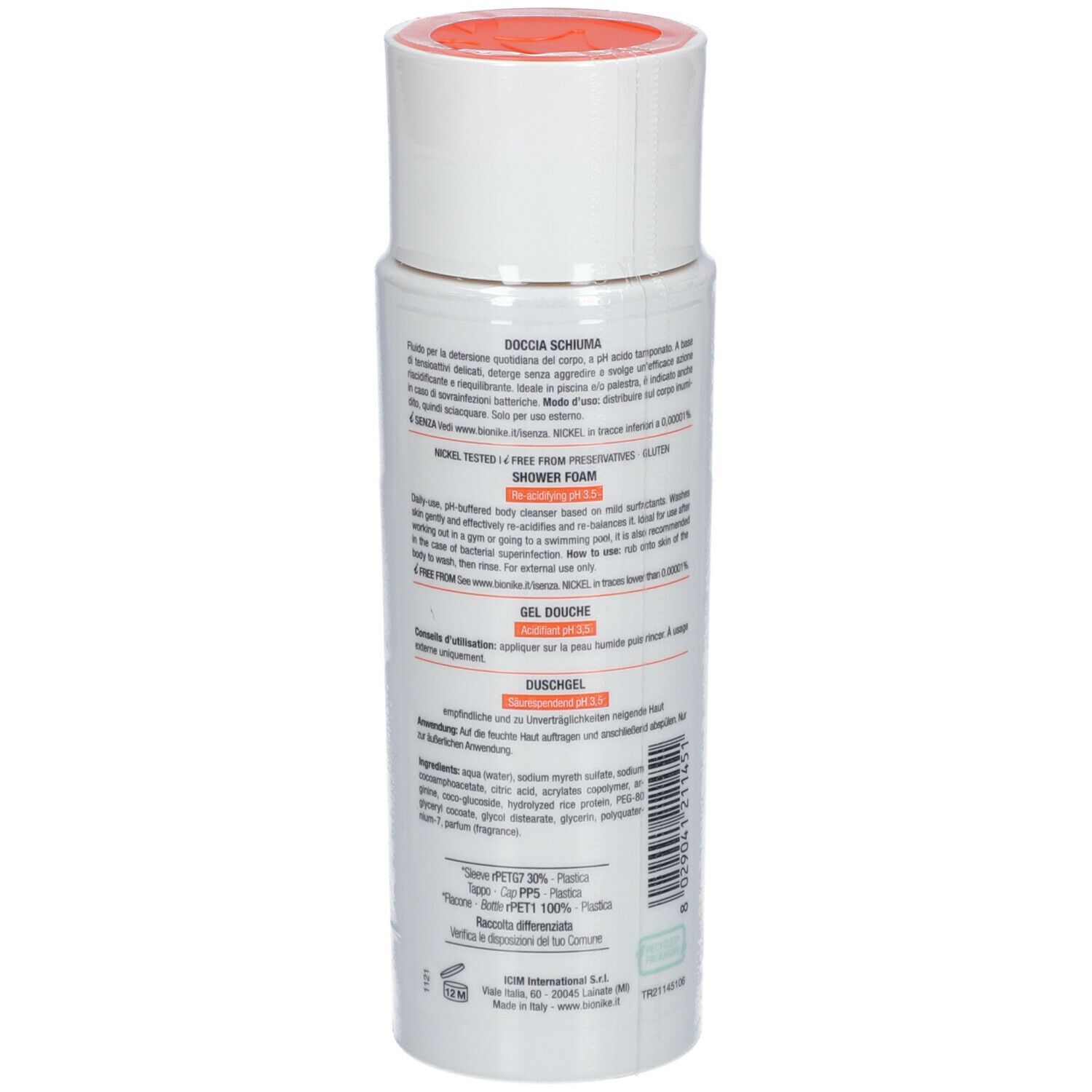 Rückseite einer weißen Flasche mit orangefarbenem Deckel. Textinformationen und Inhaltsstoffe sind sichtbar.
