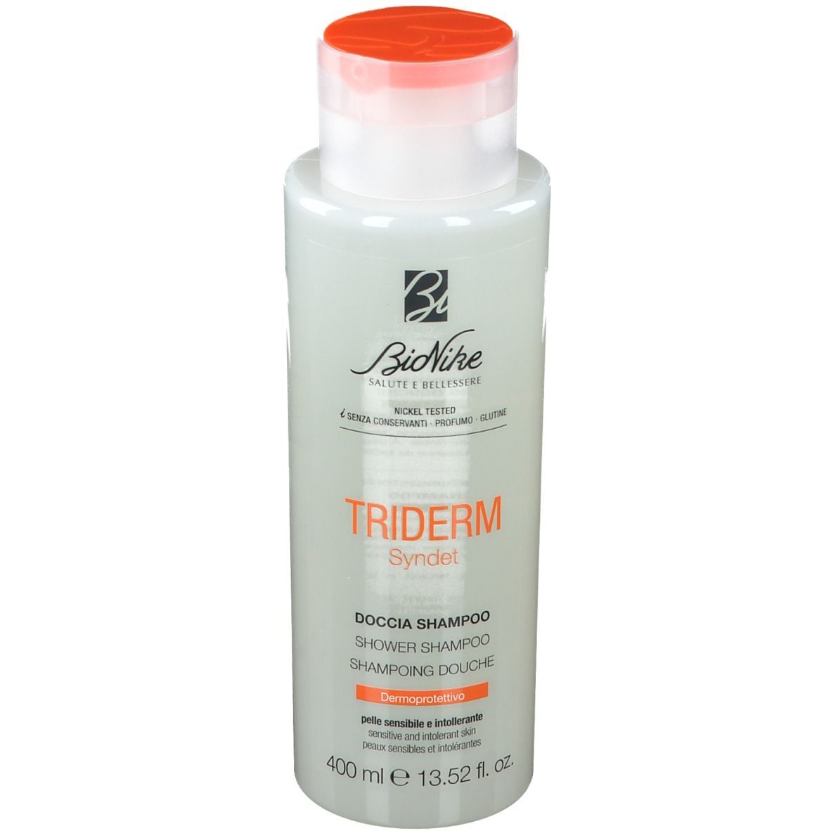 BioNike Triderm Dusch-Shampoo. Flacone bianco con tappo arancione. Nome e logo visibili. 400 ml.