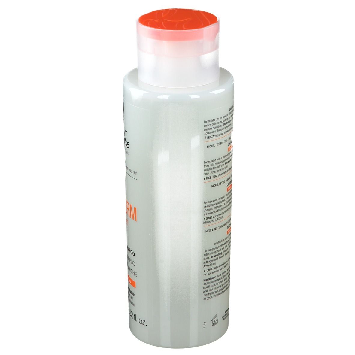 BioNike Triderm Dusch-Shampoo. Flacone, vista laterale. Testo sull'etichetta. Liquido trasparente. Tappo arancione.